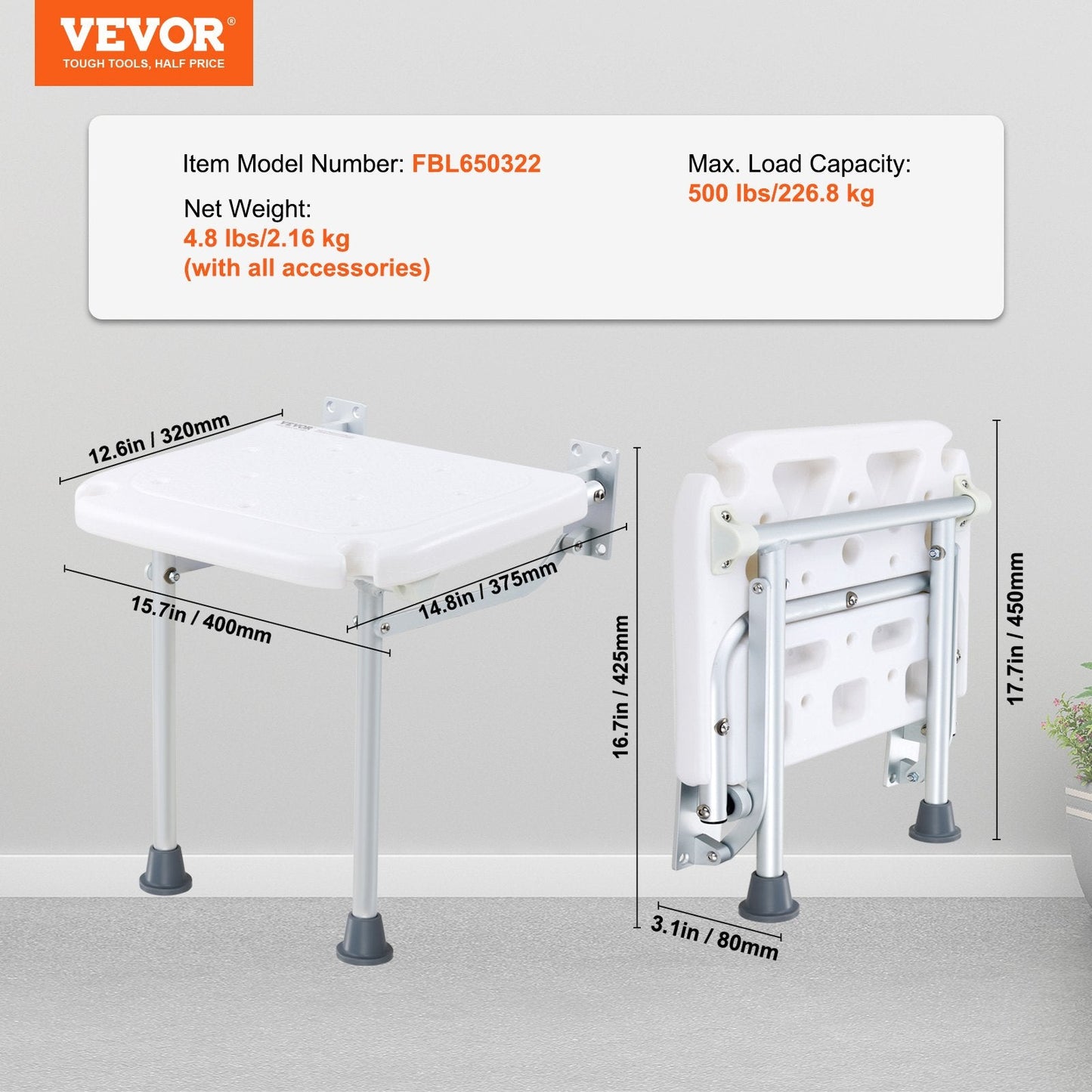 Wall-Mounted Foldable Shower Seat, 0.4 x 0.38m, 227 kg Capacity