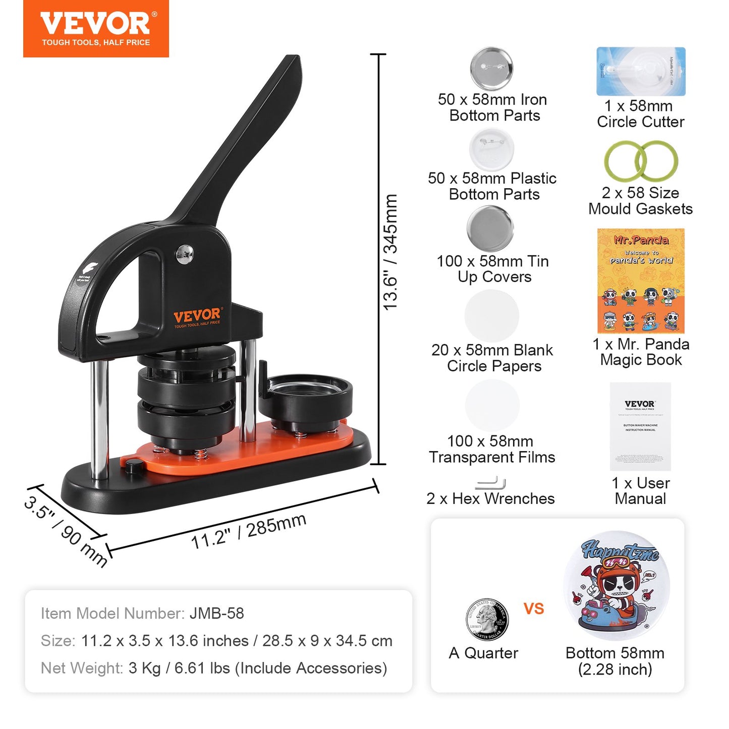 VEVOR Button Maker Machine, 2.28 inch/58mm Pin Maker, Installation-Free Badge Punch