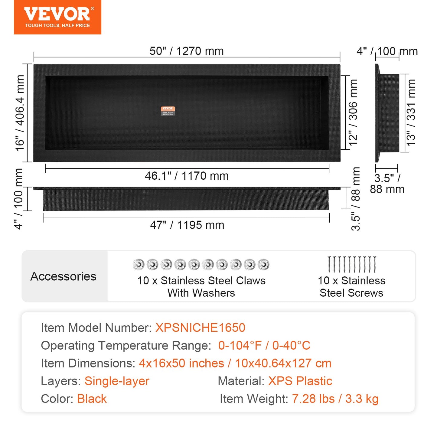 VEVOR Shower Niche Ready for Tile 40.64 x 127 cm, 16 x 50 inch, Single Shelf Organizer,