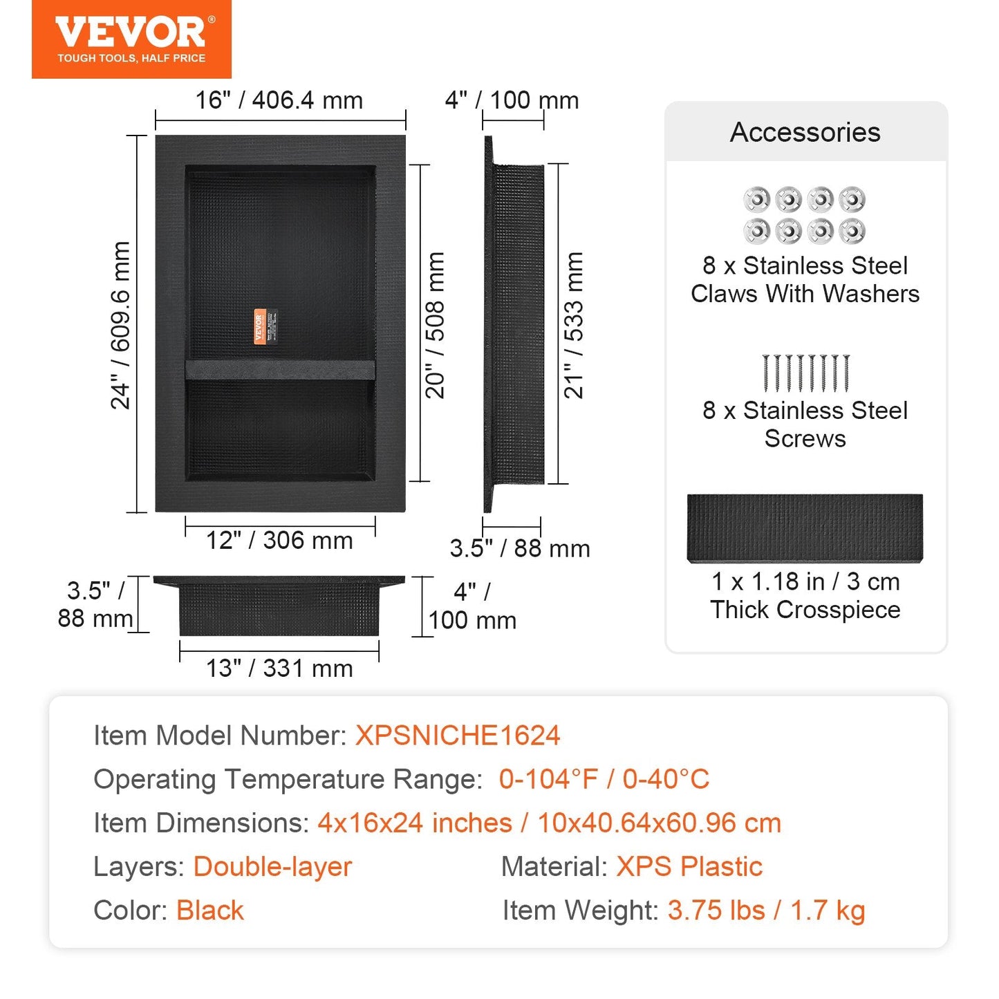 Black Double Shelf Shower Niche 0.4 x 0.6 m for Tile Installation
