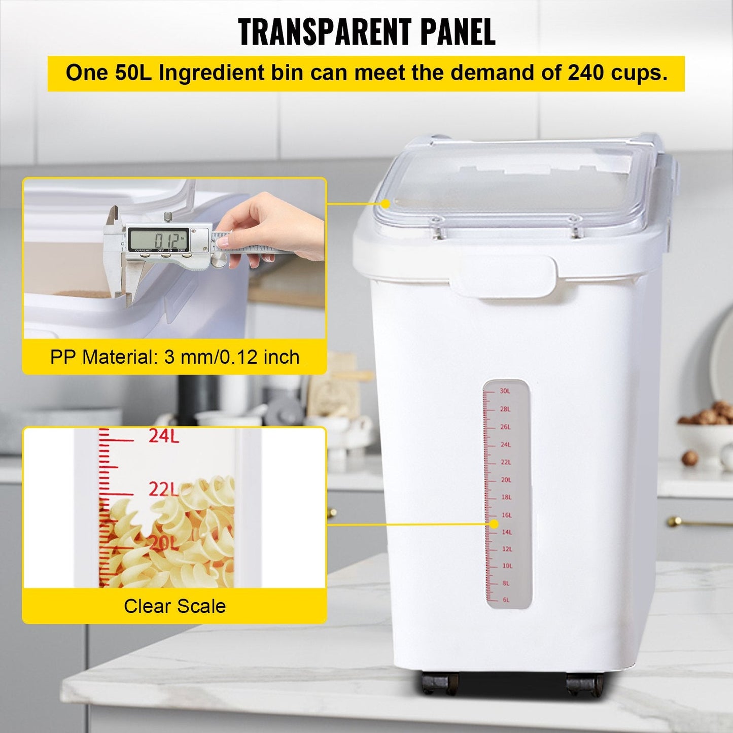 Large 50L Ingredient Storage Bin with Wheels, Lid, and Scoop for Kitchen Use