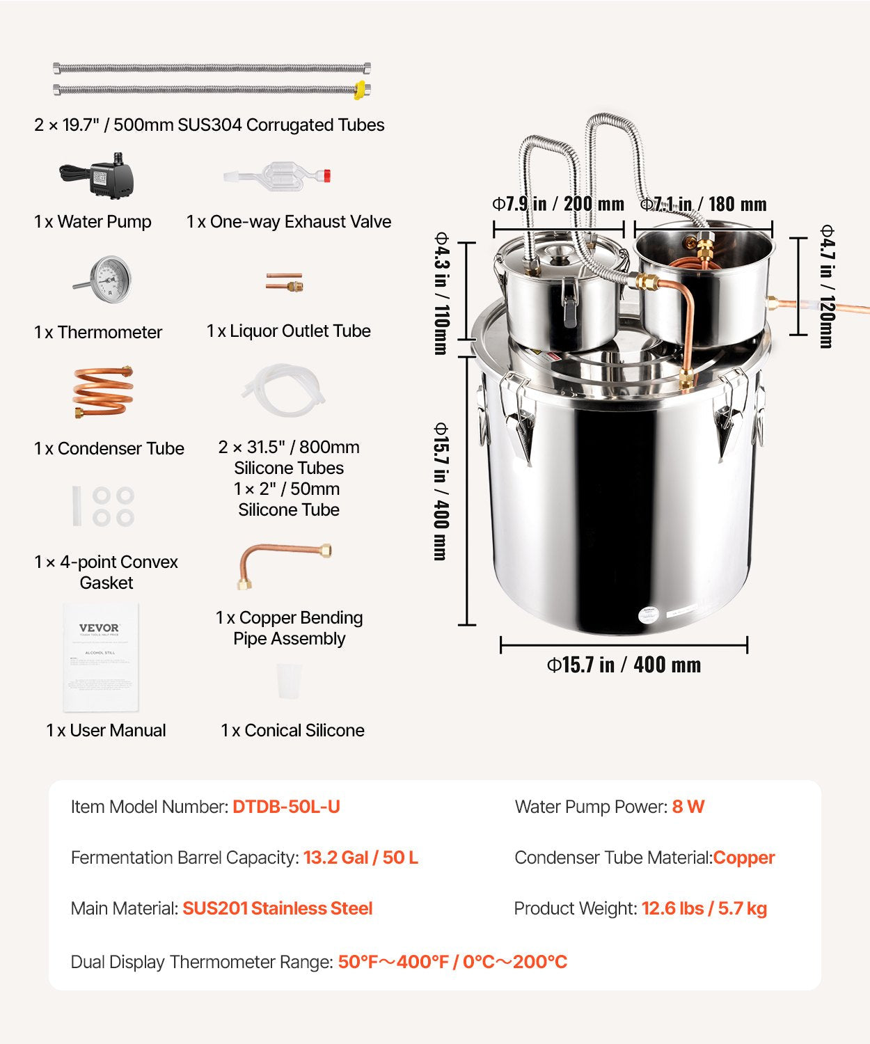 13.2 Gal Alcohol Distiller Kit with Thumper Keg and Water Pump, Stainless Steel