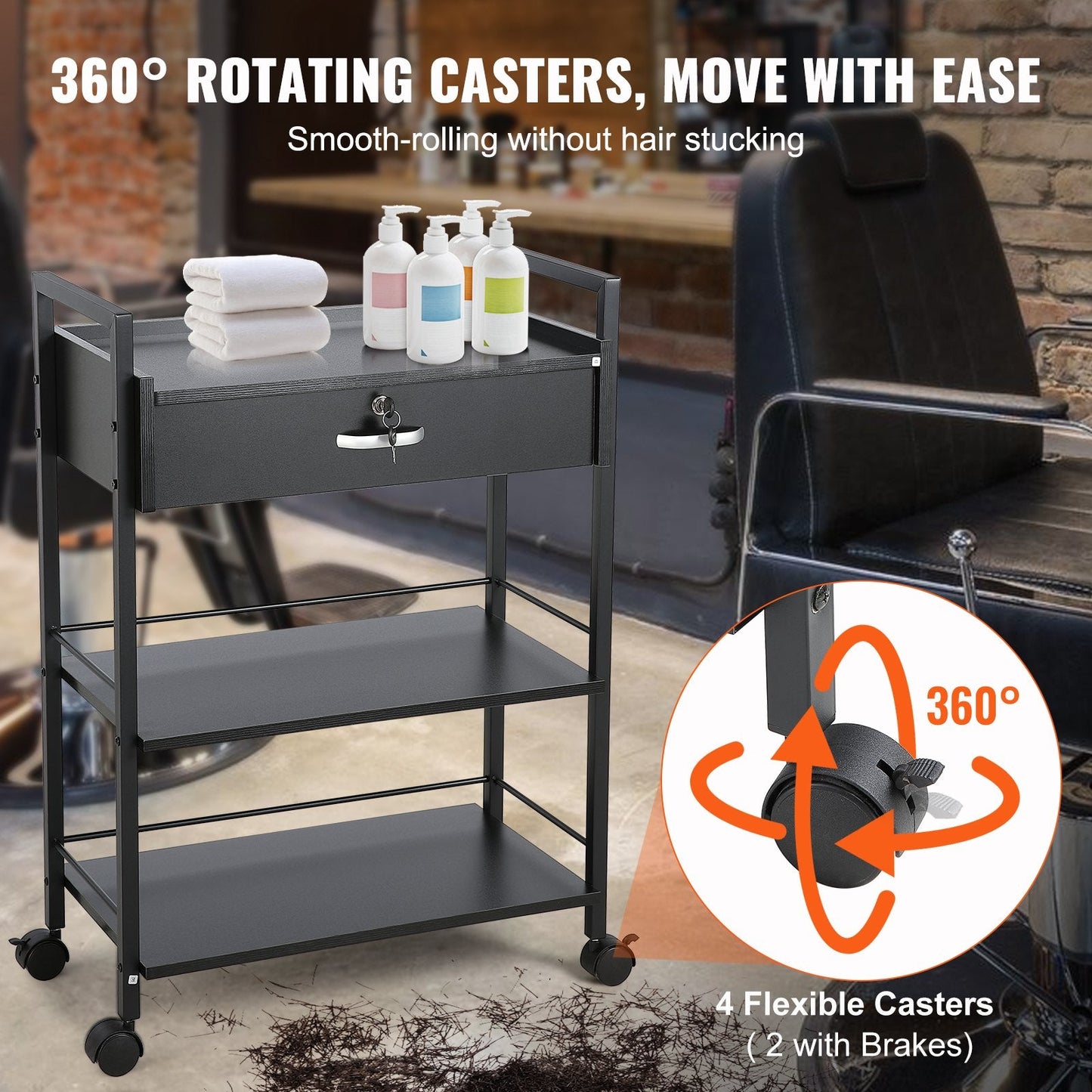 3-Tier Salon Trolley Cart with Lockable Drawer and Wheels, Black MDF