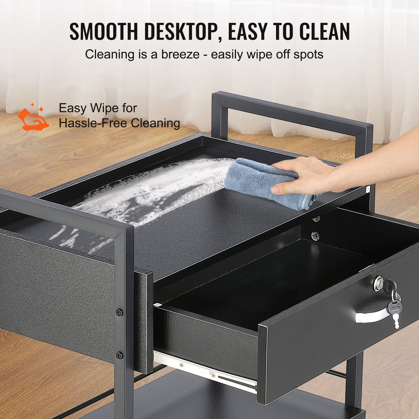 3-Tier Salon Trolley Cart with Lockable Drawer and Wheels, Black MDF
