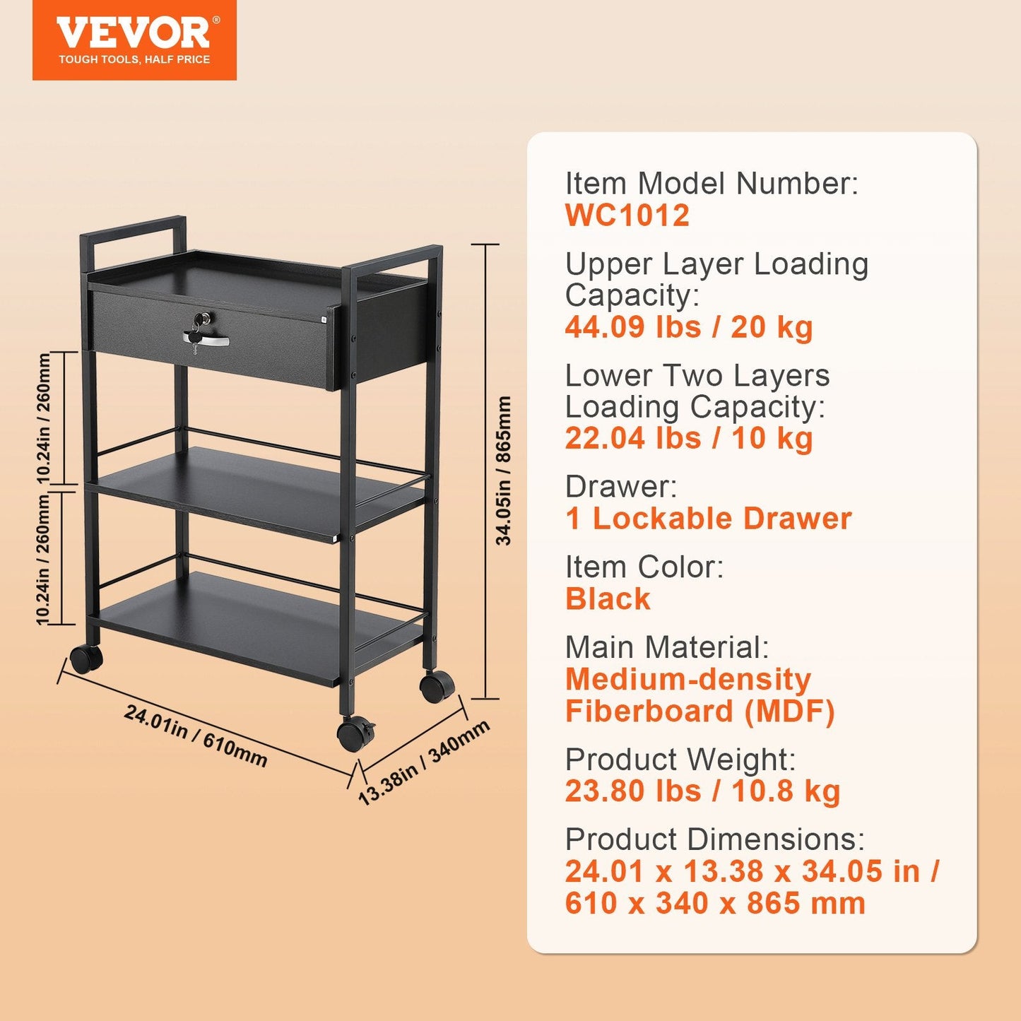 3-Tier Salon Trolley Cart with Lockable Drawer and Wheels, Black MDF