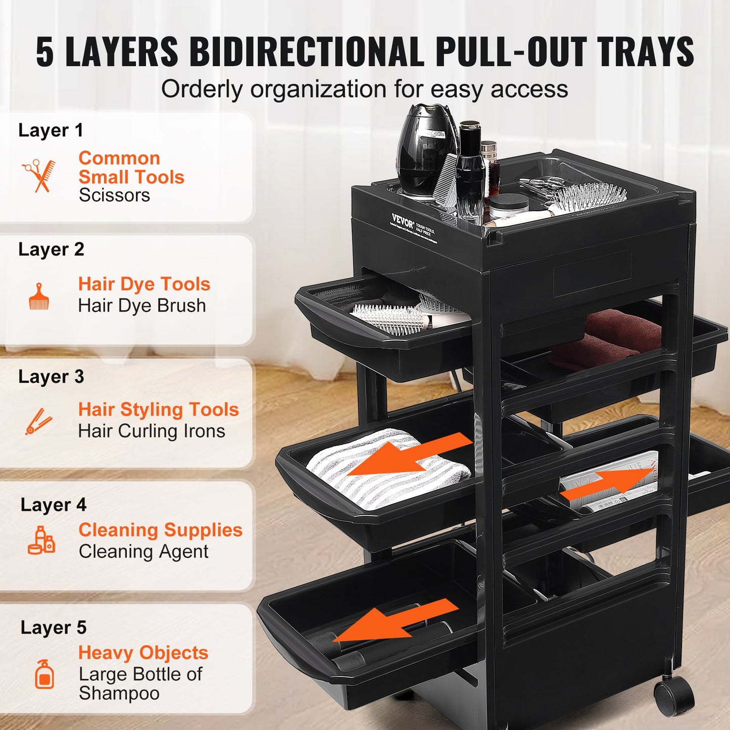 VEVOR Beauty Salon Trolley Cart, Plastic Salon Rolling Cart for Stylist with 5 Removable