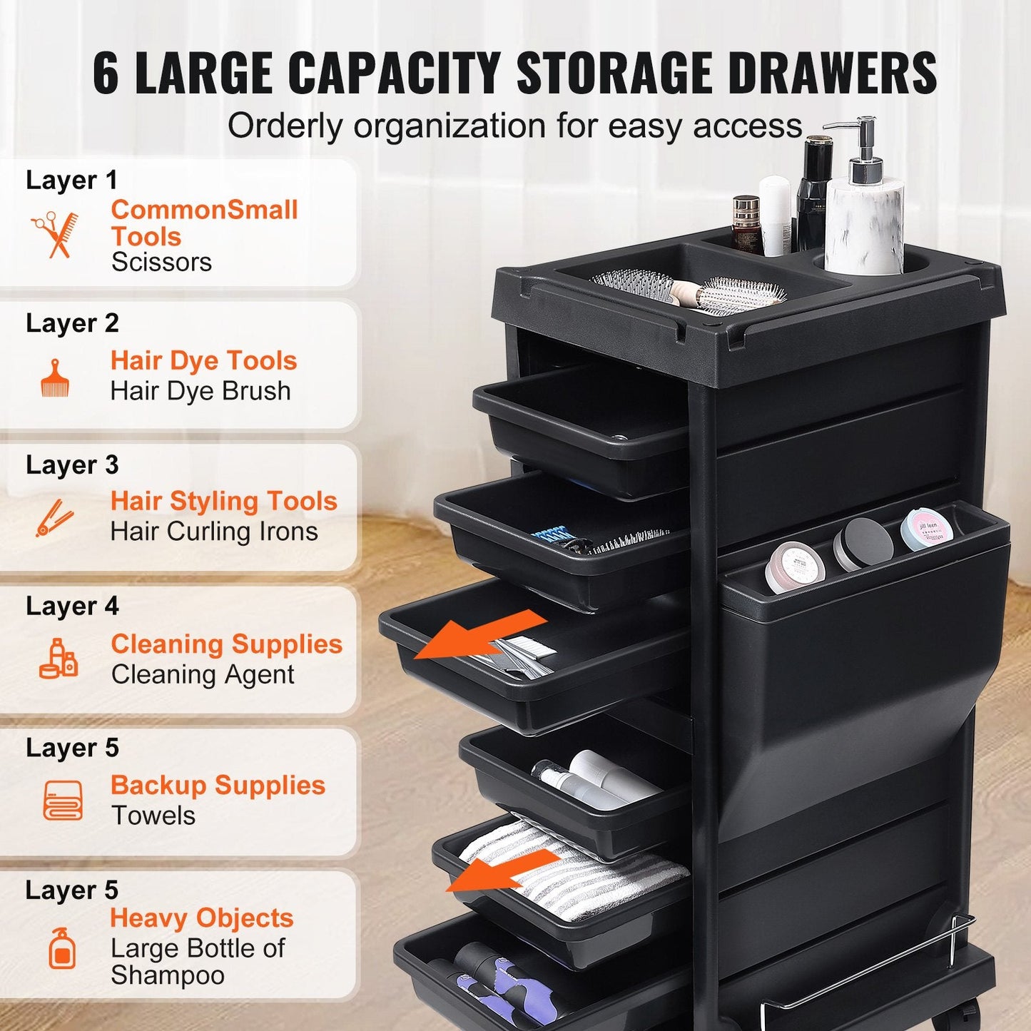 Lockable Beauty Salon Trolley Cart with 6 Removable Drawers & Tool Holder