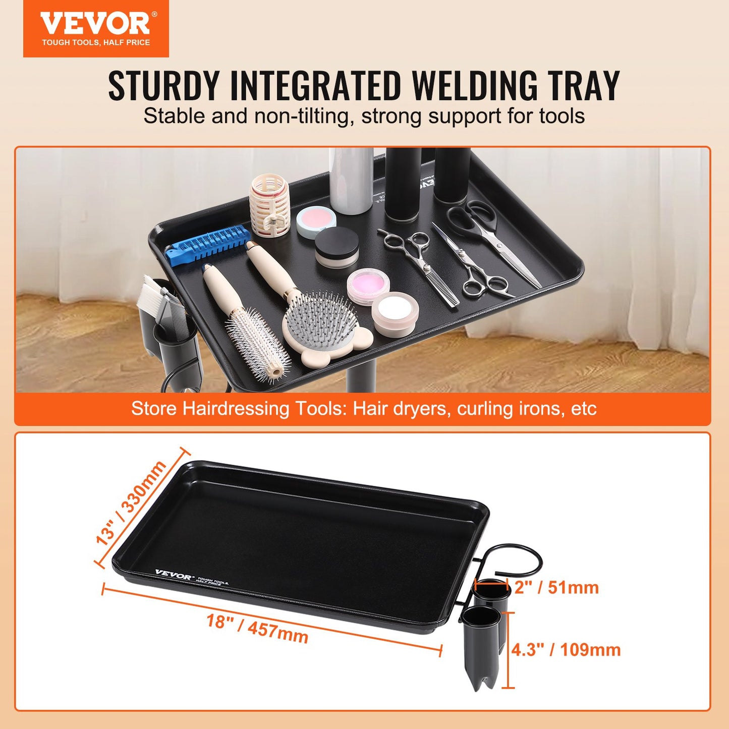 VEVOR Salon Tray Cart, 30"-43" Height Adjustable Rolling Salon Tray, Cold-rolled