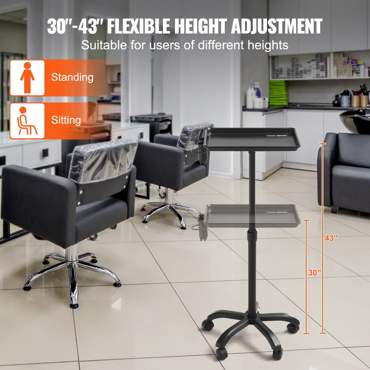 Adjustable Salon Tray Cart: 0.76-1.09m Height, Rolling with Lockable Wheels