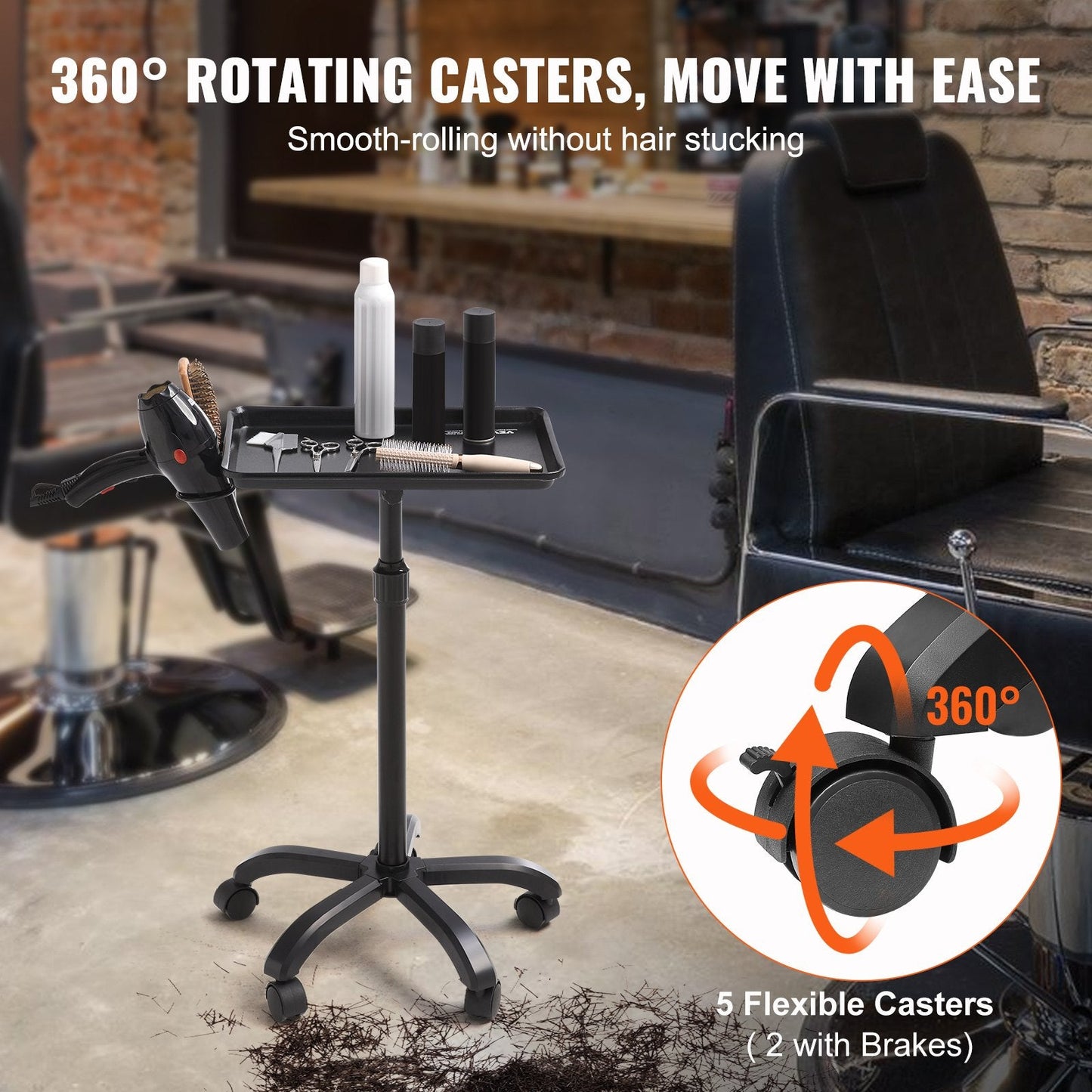 Adjustable Salon Tray Cart: 0.76-1.09m Height, Rolling with Lockable Wheels