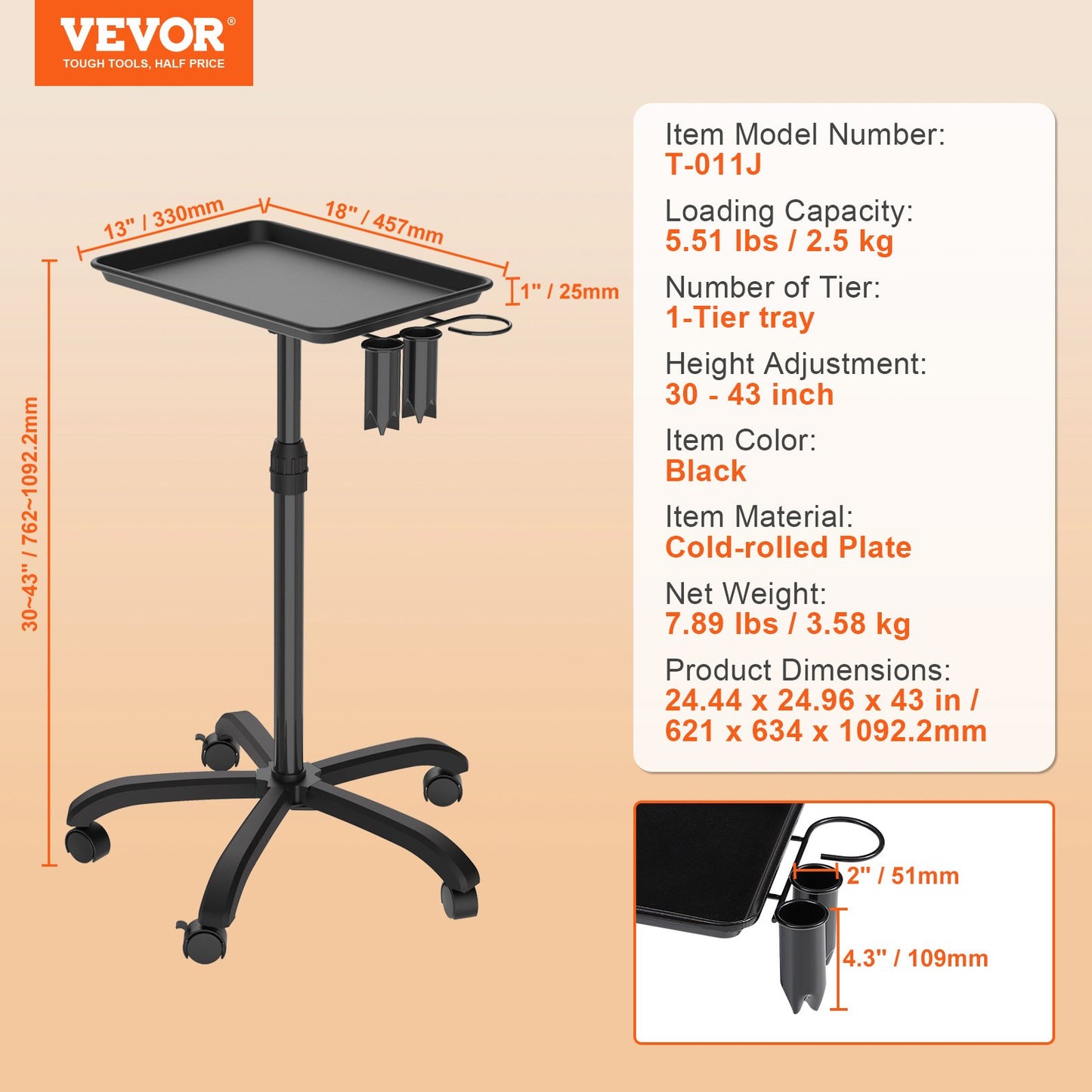 VEVOR Salon Tray Cart, 30"-43" Height Adjustable Rolling Salon Tray, Cold-rolled