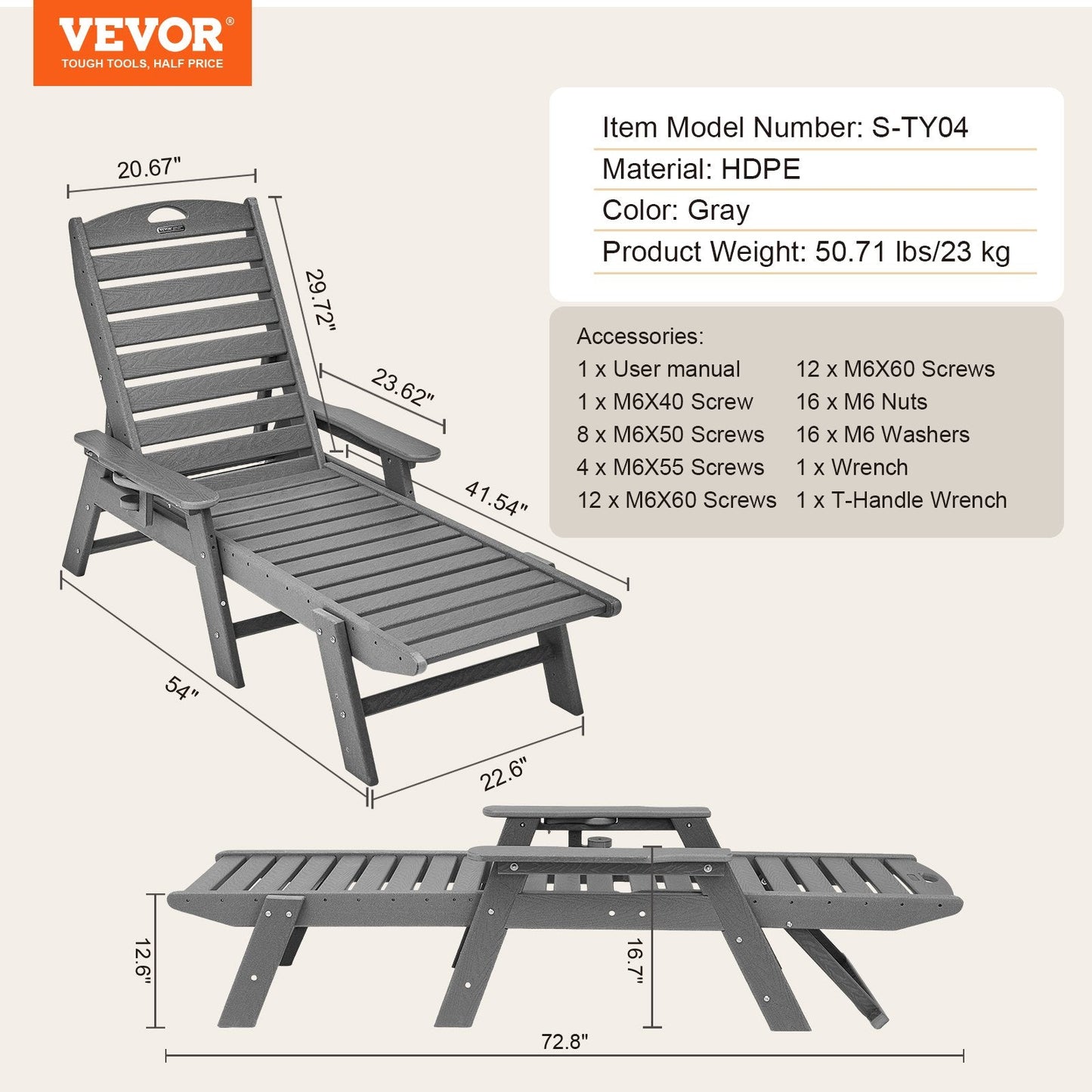Gray Outdoor Adjustable Chaise Lounge Chair with 6 Reclining Positions, 23 kg