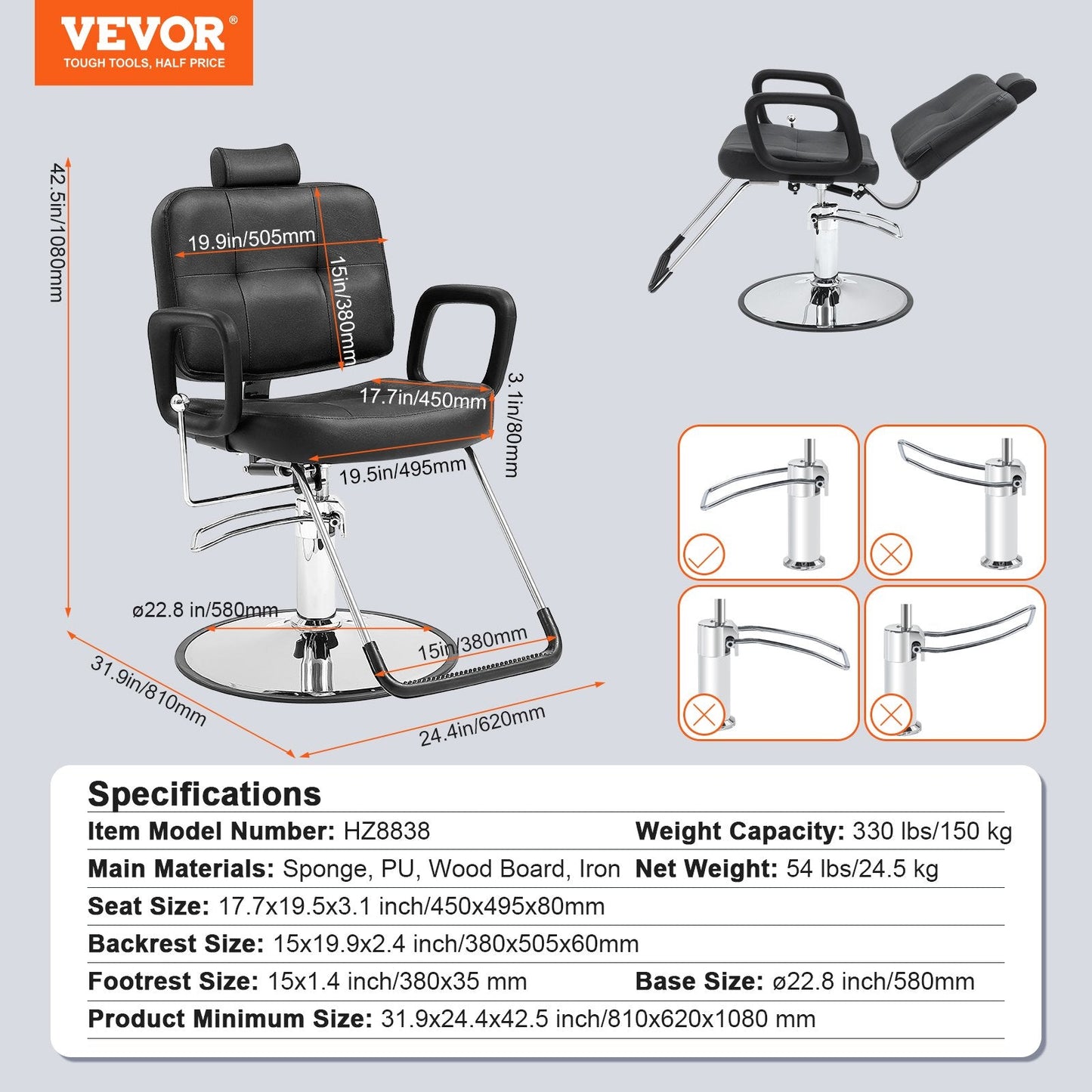 Hydraulic Reclining Salon Chair for Hair Stylists, 360° Swivel, 150 kg Capacity
