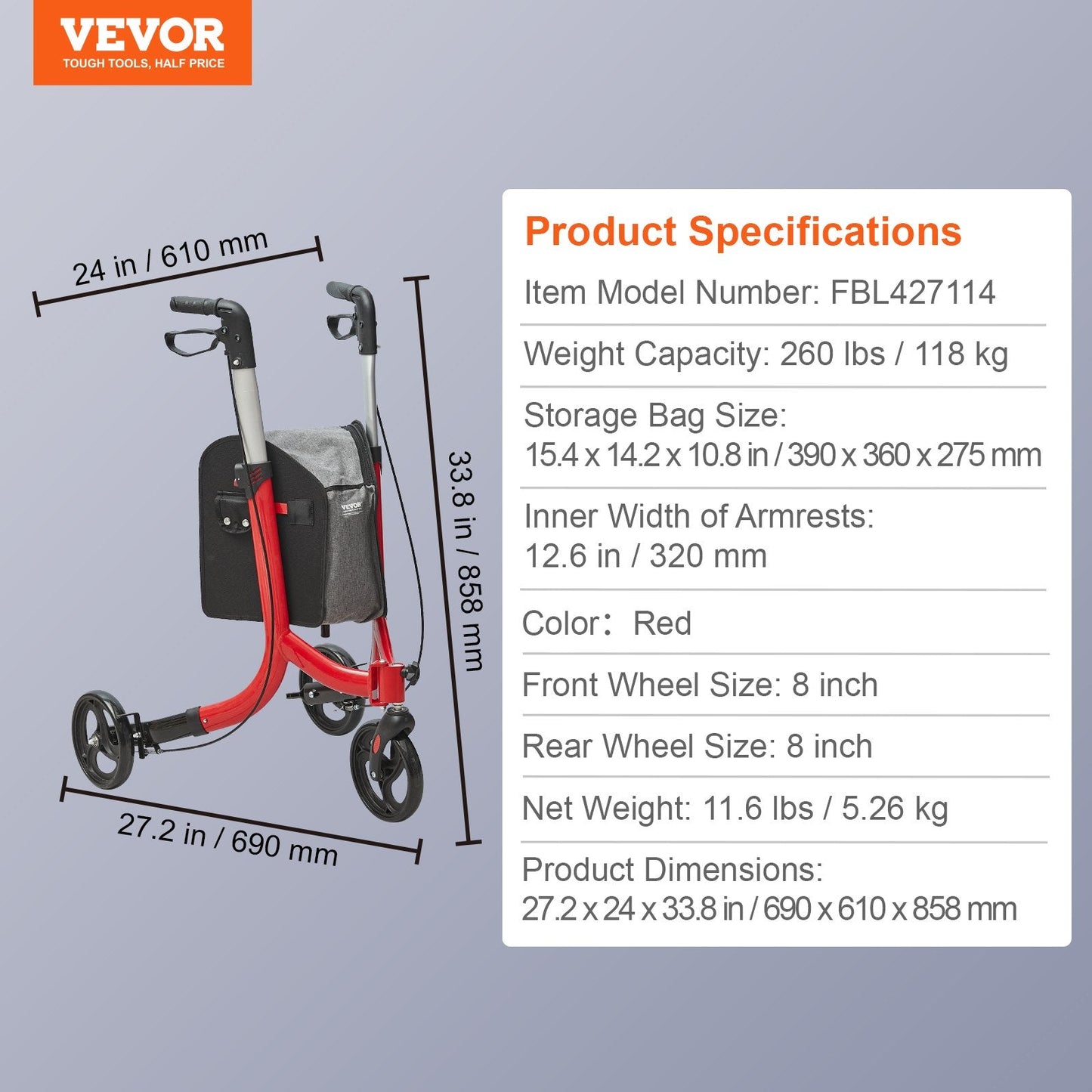 Lightweight Foldable 3-Wheel Walker for Seniors with Adjustable Handle, Red