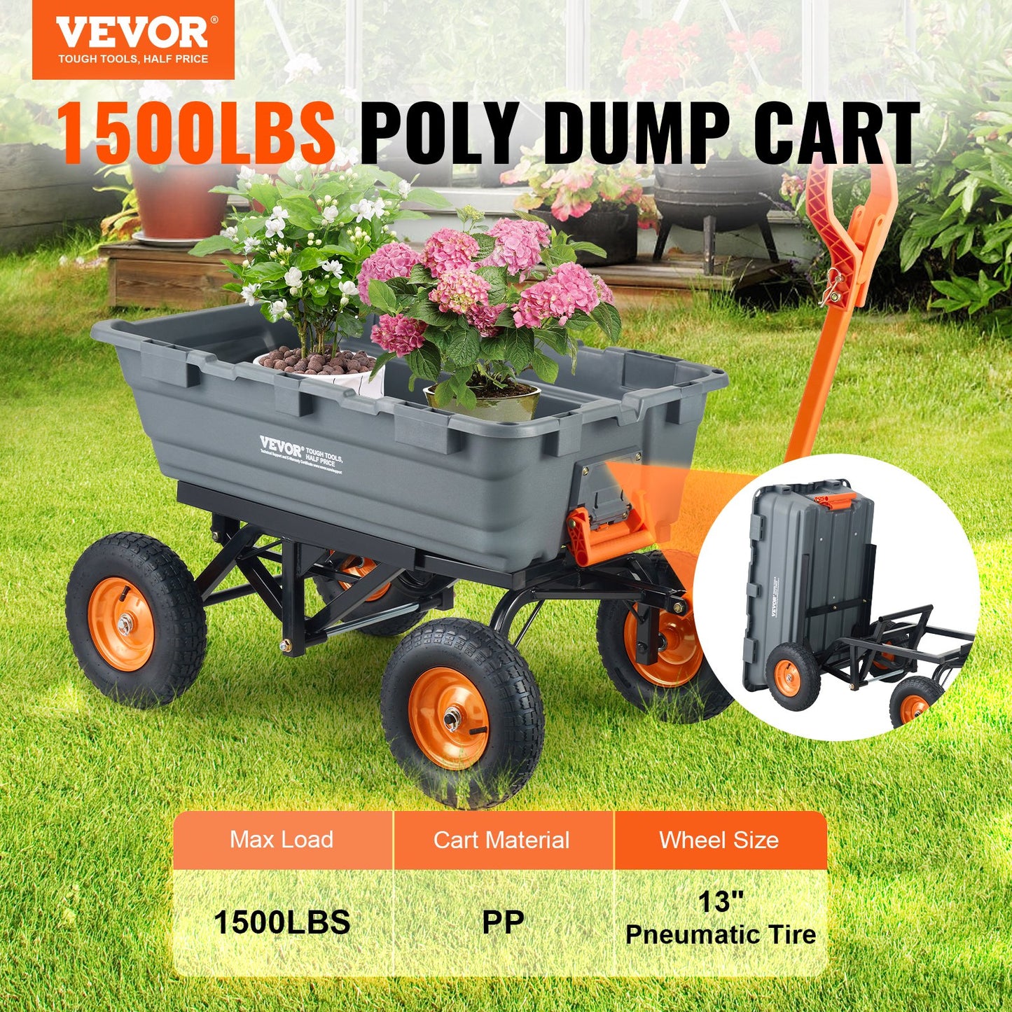 VEVOR Dump Cart, Poly Garden Dump Cart with Easy to Assemble Steel Frame, Dump Wagon