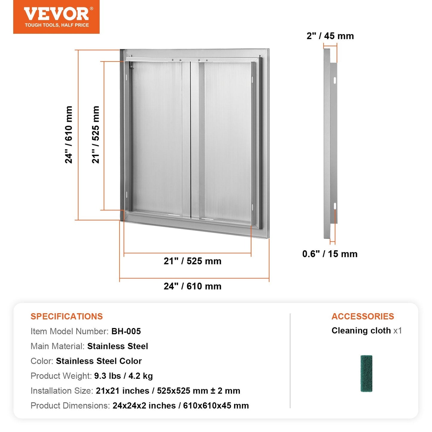 Stainless Steel Double BBQ Access Door, 0.61x0.61m for Outdoor Kitchen