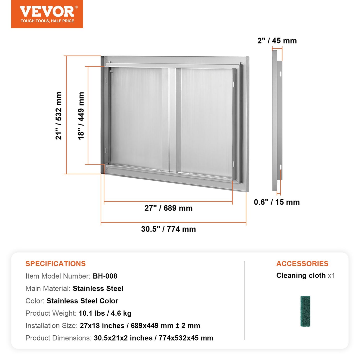 VEVOR BBQ Access Door, 774x532 mm Double Outdoor Kitchen Door, Stainless Steel Flush