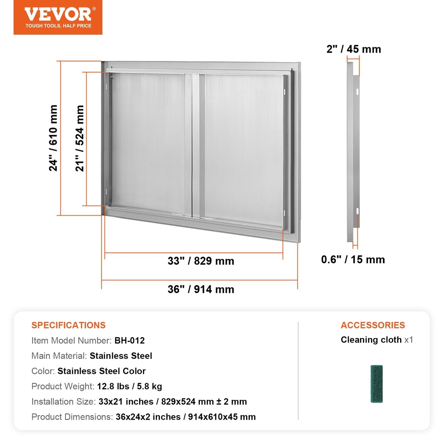 Stainless Steel Double Access Door for Outdoor Kitchen, 0.9x0.6m Flush Mount