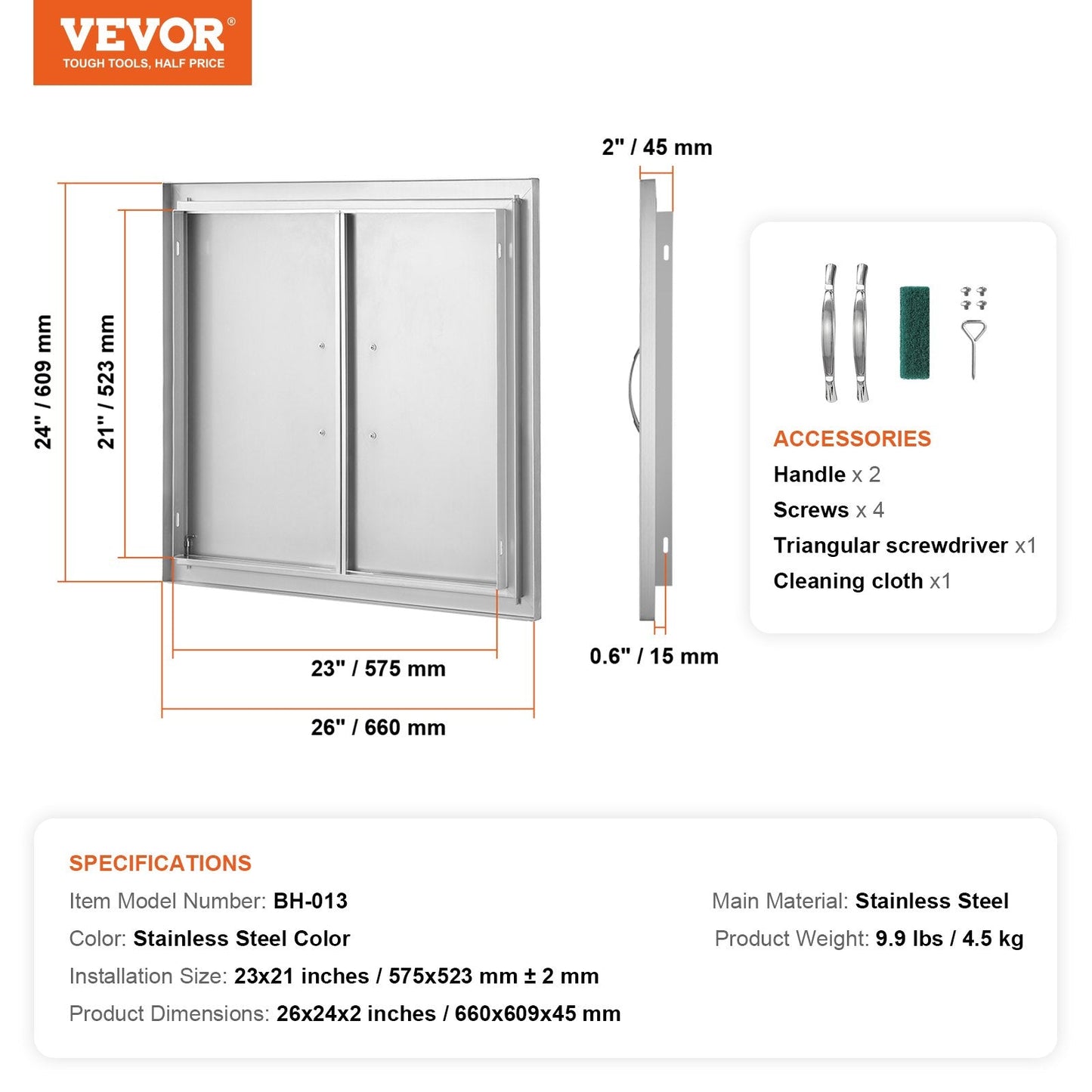 Stainless Steel Double Outdoor Kitchen Door, 0.66x0.61m, Easy Install