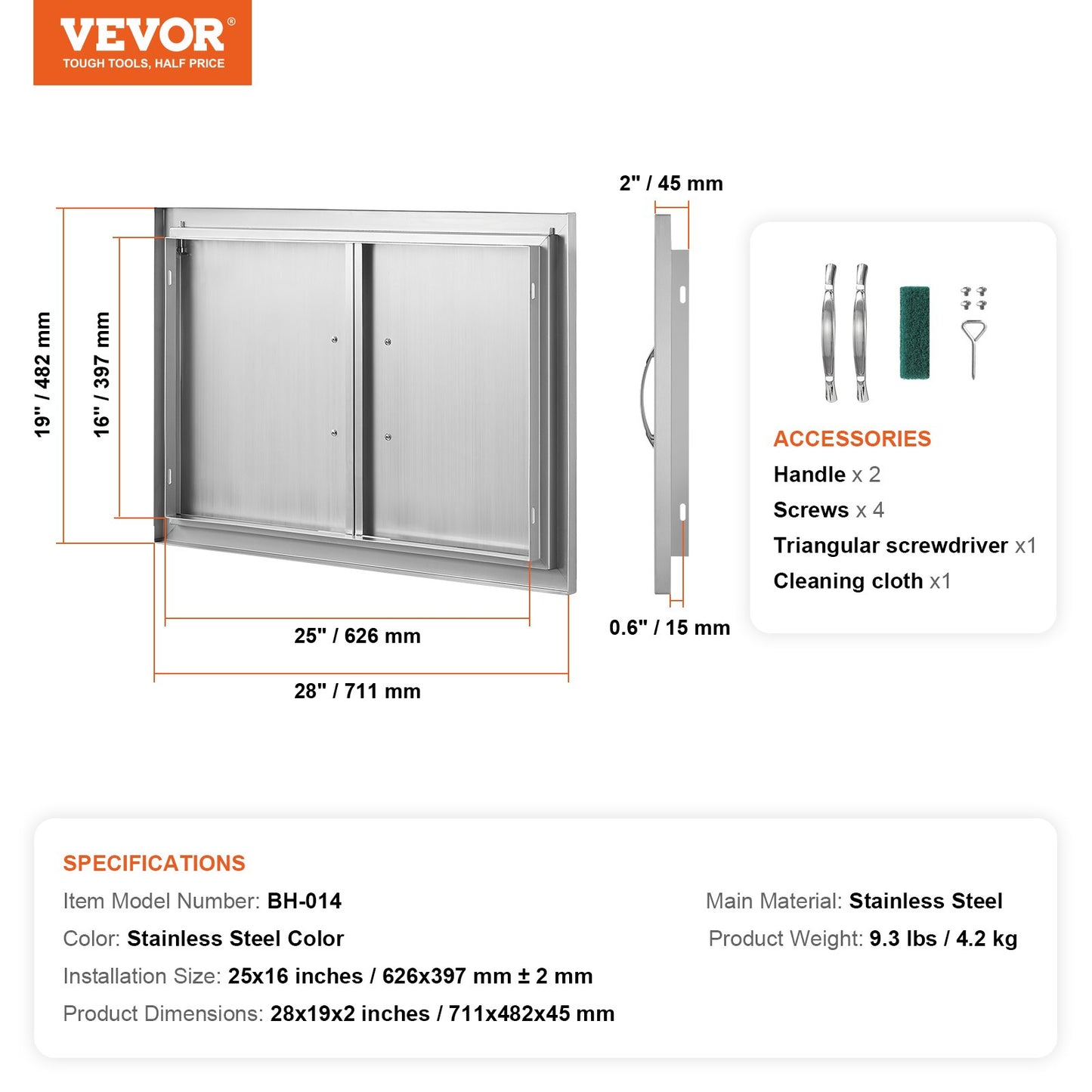 VEVOR BBQ Access Door, 711x482 mm Double Outdoor Kitchen Door, Stainless Steel Flush