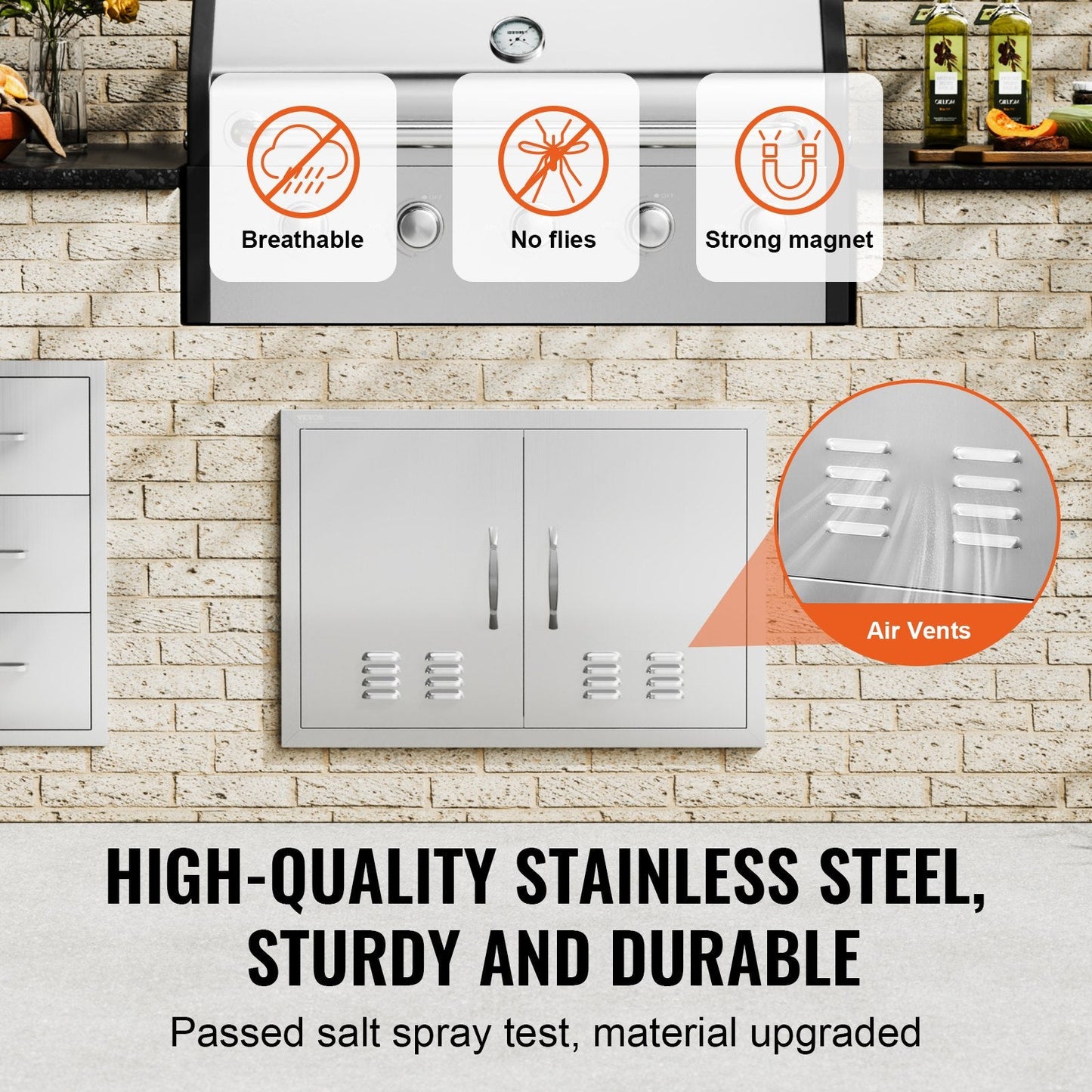 Stainless Steel Outdoor Kitchen Double Access Door, 0.76x0.53 m, with Vents