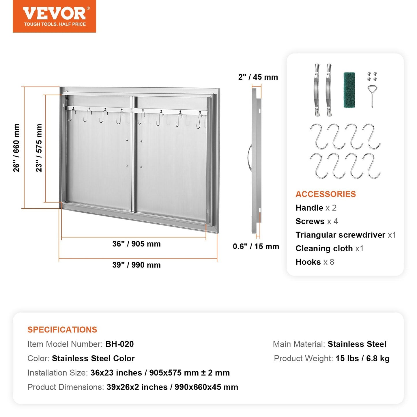 Stainless Steel Outdoor Kitchen Access Door, 990x660 mm, Double Wall Mount