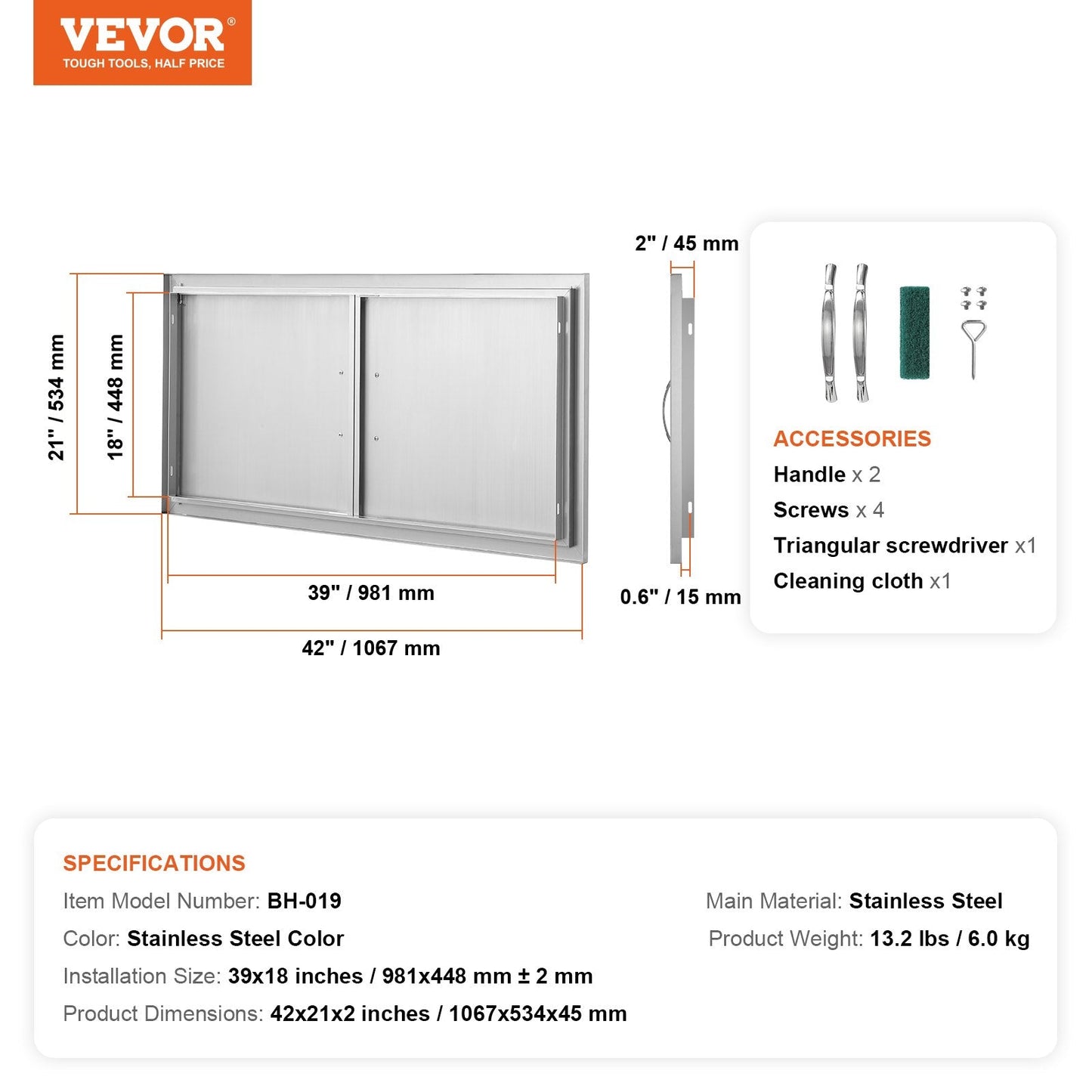 Stainless Steel Double BBQ Kitchen Access Door, 1x0.5m, Easy Install