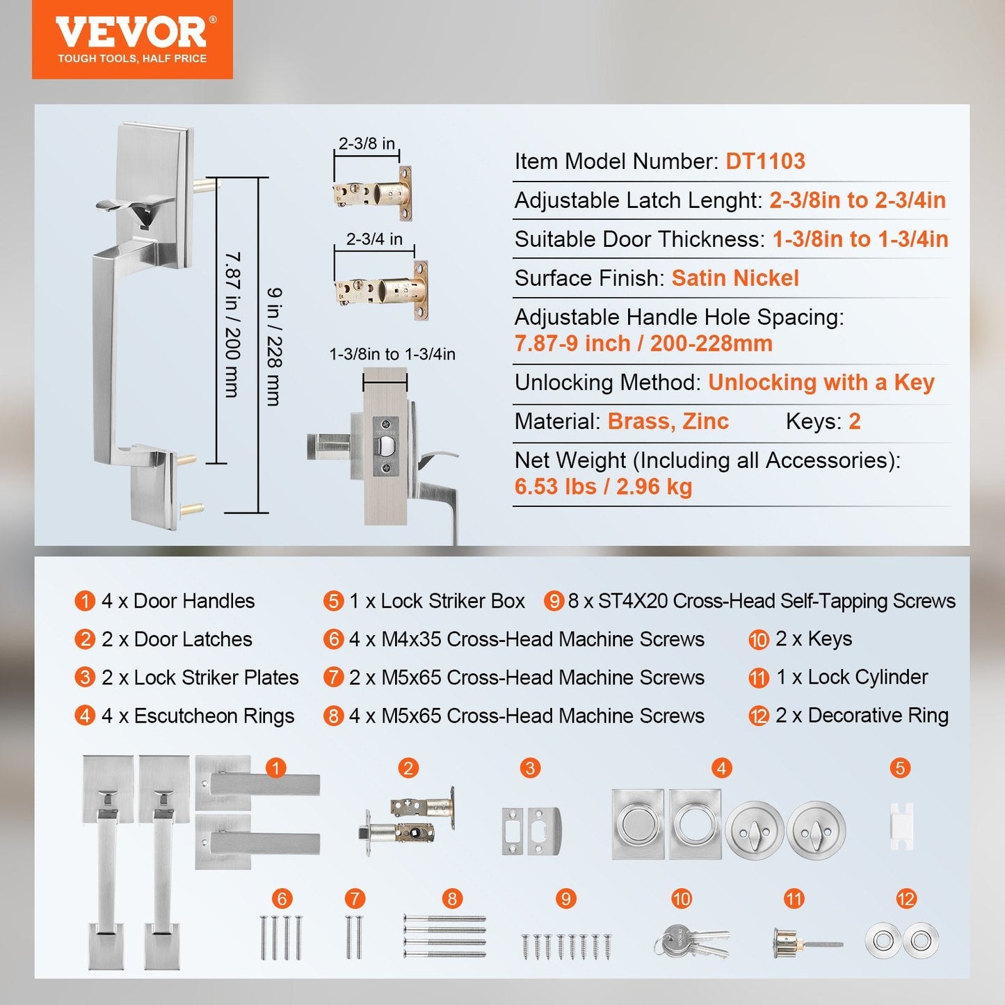 Satin Nickel Double Door Handle Set with Reversible Lever, 2.96 kg