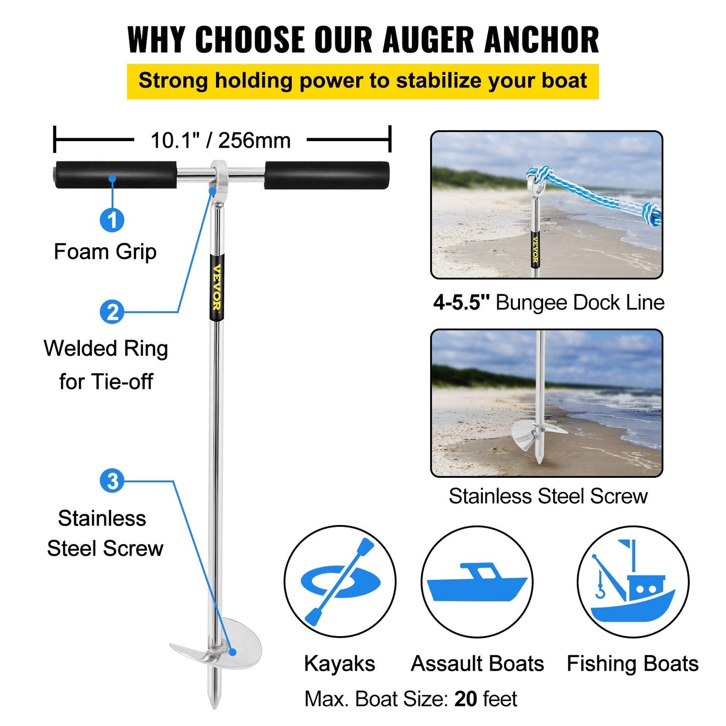 Stainless Steel Beach Sand Anchor, 45 cm Auger with Handle & Accessories