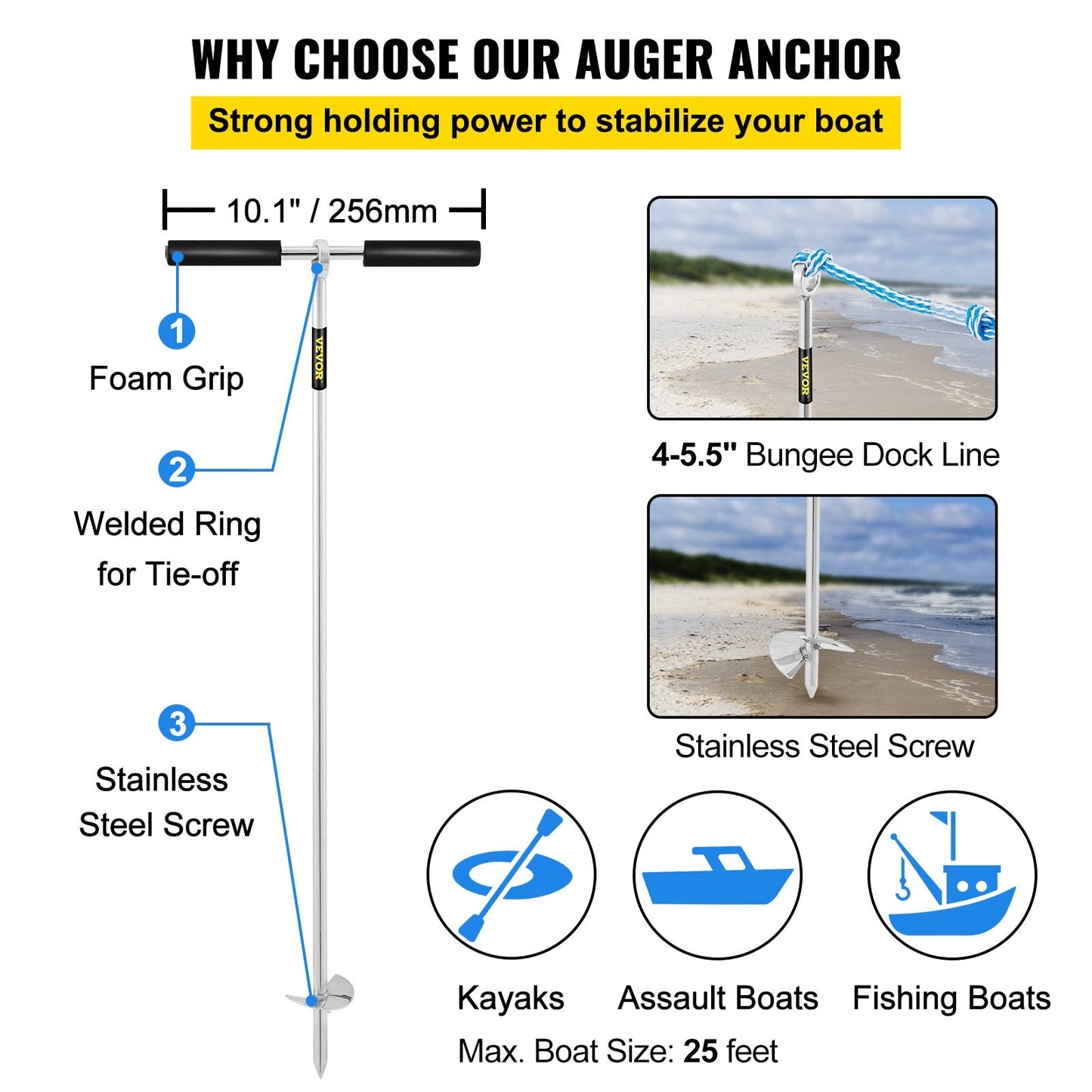 Stainless Steel Sand Anchor for Beach & Sandbar, 0.9m Auger, 2000 kg Capacity