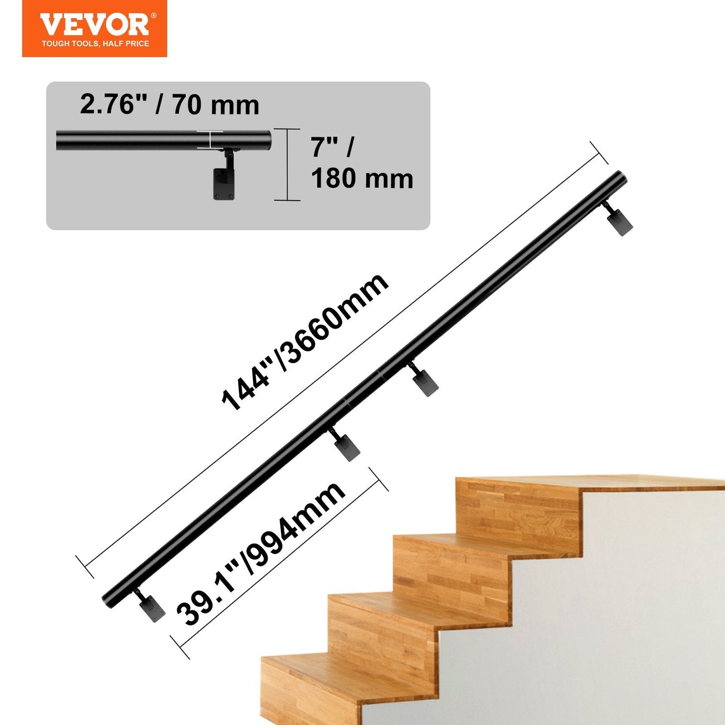 Indoor/Outdoor Stair Handrail, 3.66m, Wall Mount, 199.6kg Load, Aluminum Alloy