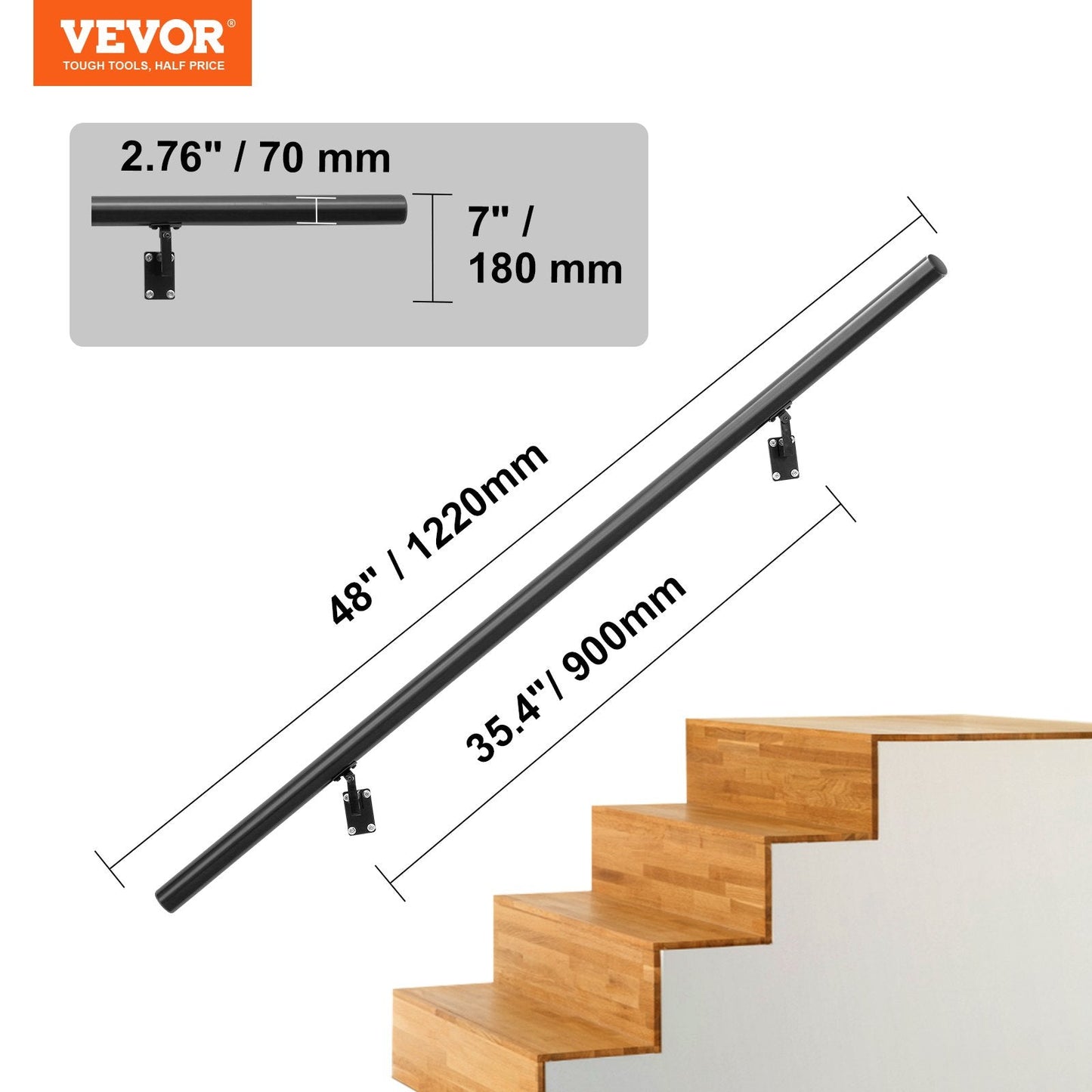 Indoor/Outdoor Aluminum Handrail, Wall Mount, 4 ft, 200 kg Capacity, Installation Kit