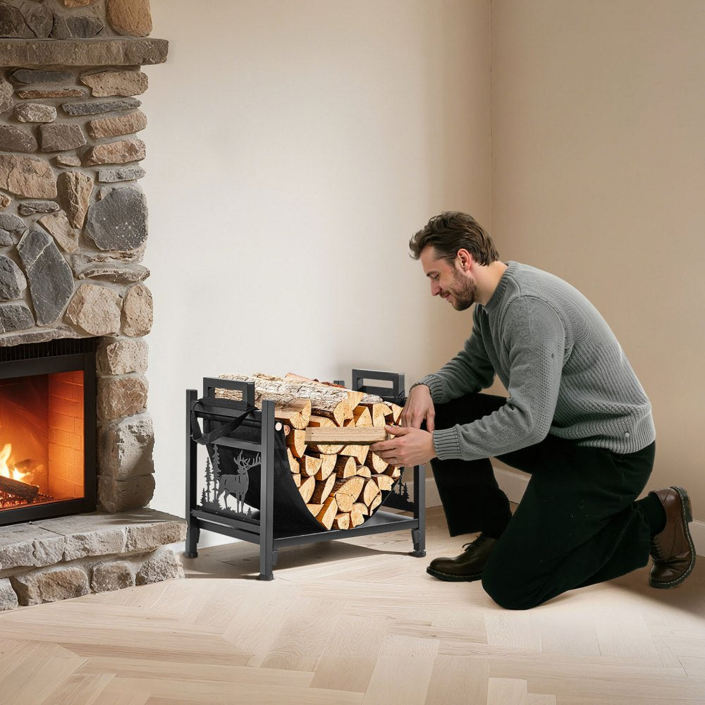 Indoor Firewood Rack, 45cm Curved Log Holder with Canvas Carrier, 18kg Weight Capacity Wood Storage Stand, Powder-Coated Steel Firewood Holder, Heavy Duty Wood Pile Stacker Rack for Fireplace