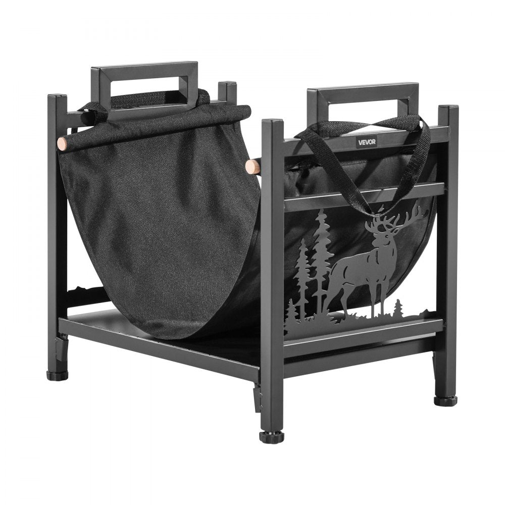 Indoor Firewood Rack, 45cm Curved Log Holder with Canvas Carrier, 18kg Weight Capacity Wood Storage Stand, Powder-Coated Steel Firewood Holder, Heavy Duty Wood Pile Stacker Rack for Fireplace