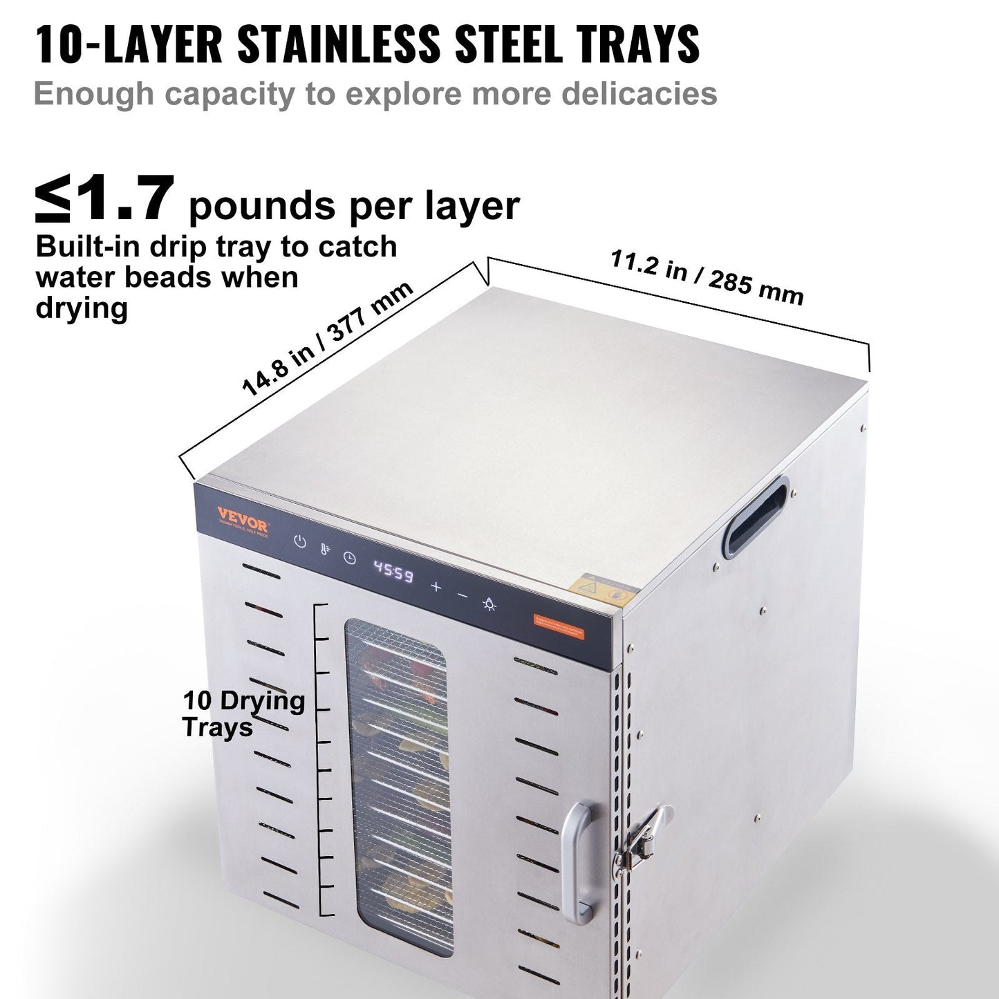 10-Tray Stainless Steel Food Dehydrator, 1000W, Adjustable Temp & Timer