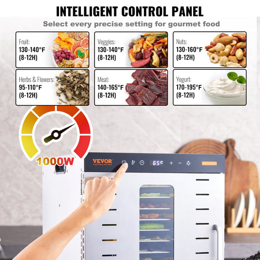10-Tray Stainless Steel Food Dehydrator, 1000W, Adjustable Temp & Timer