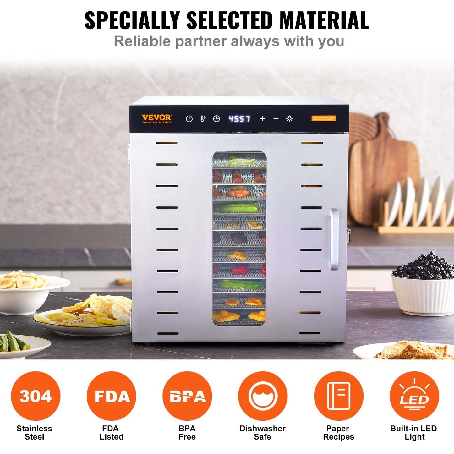 10-Tray Stainless Steel Food Dehydrator, 1000W, Adjustable Temp & Timer