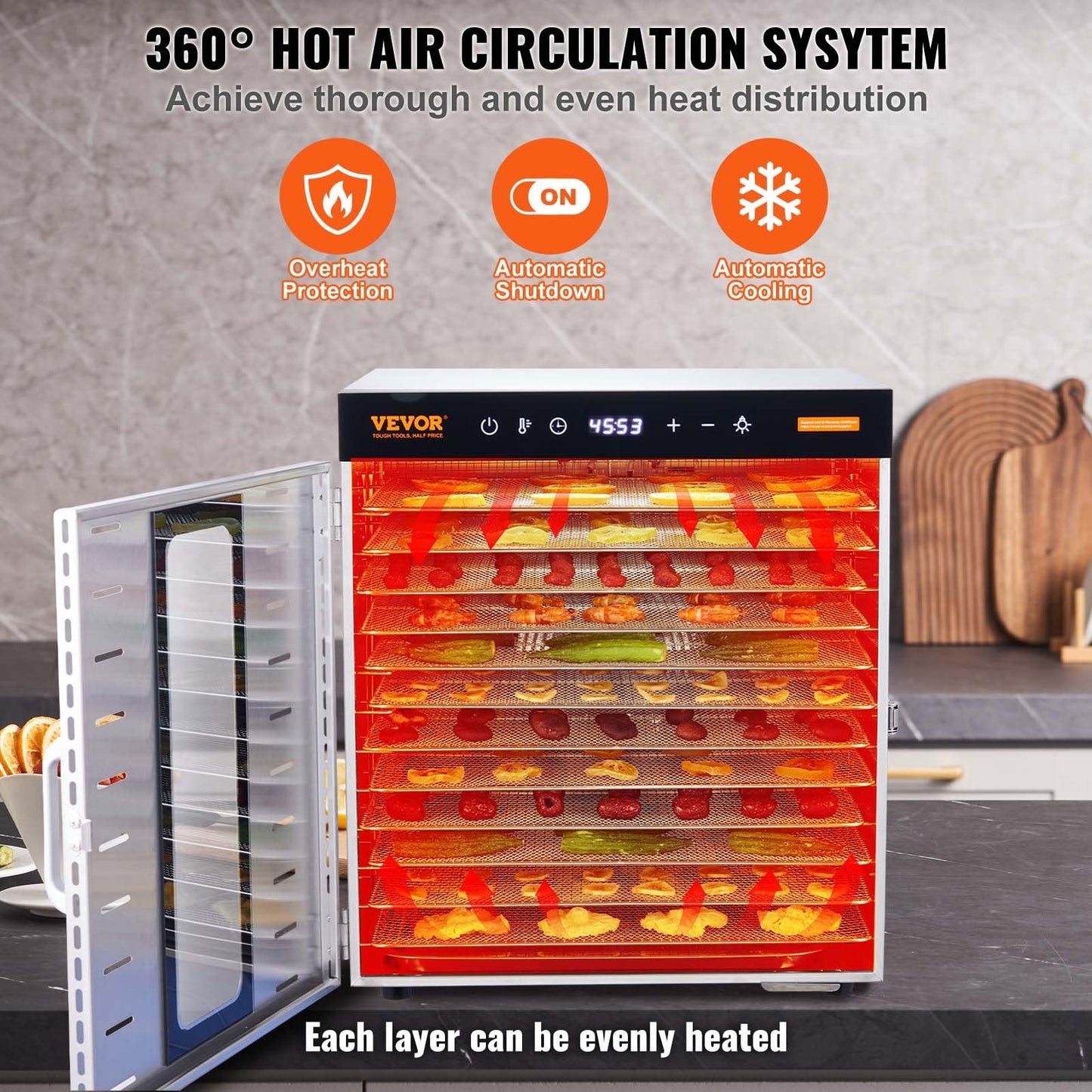 10-Tray Stainless Steel Food Dehydrator, 1000W, Adjustable Temp & Timer