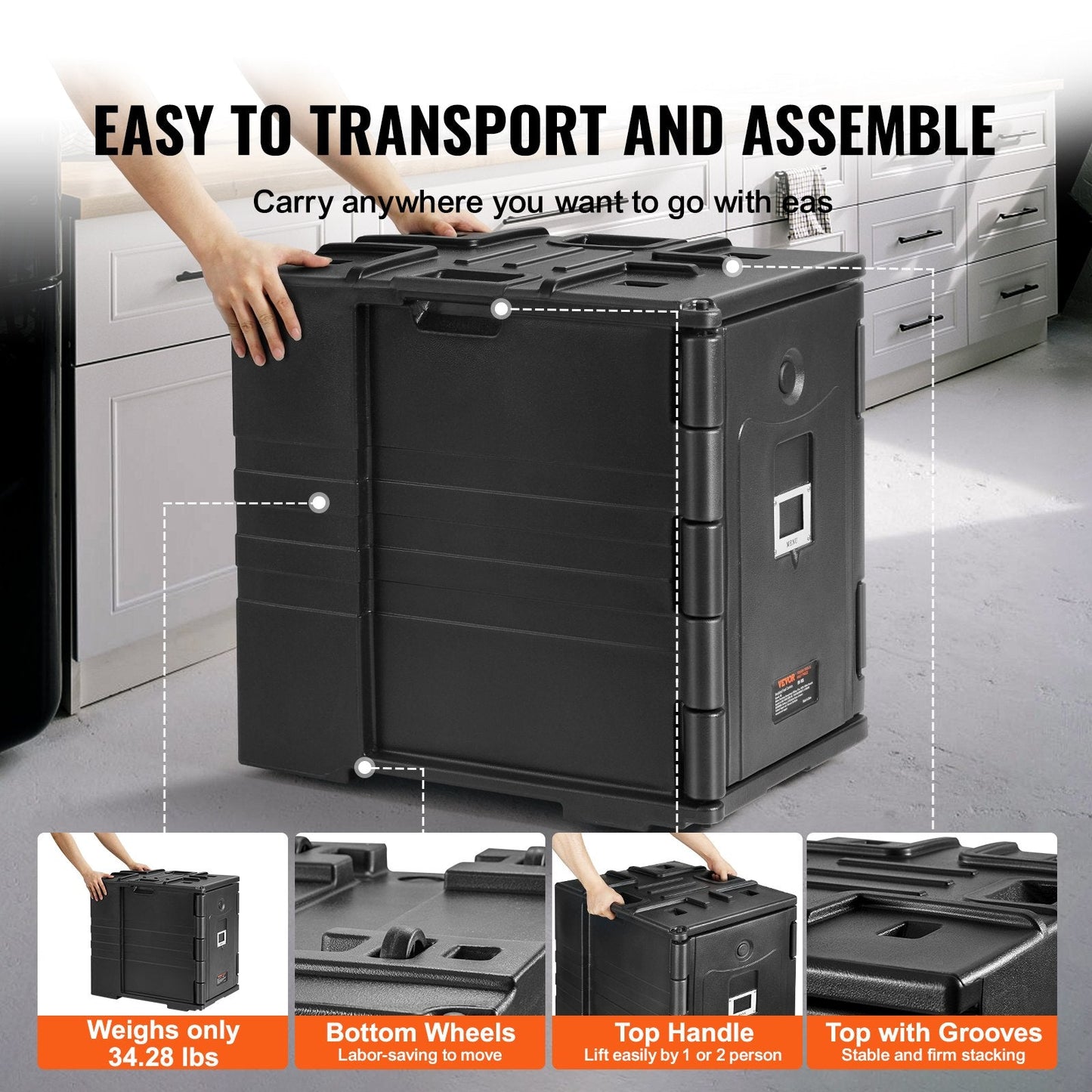 Insulated 90L Catering Food Pan Carrier with Double Buckles, Black, 15.55 kg