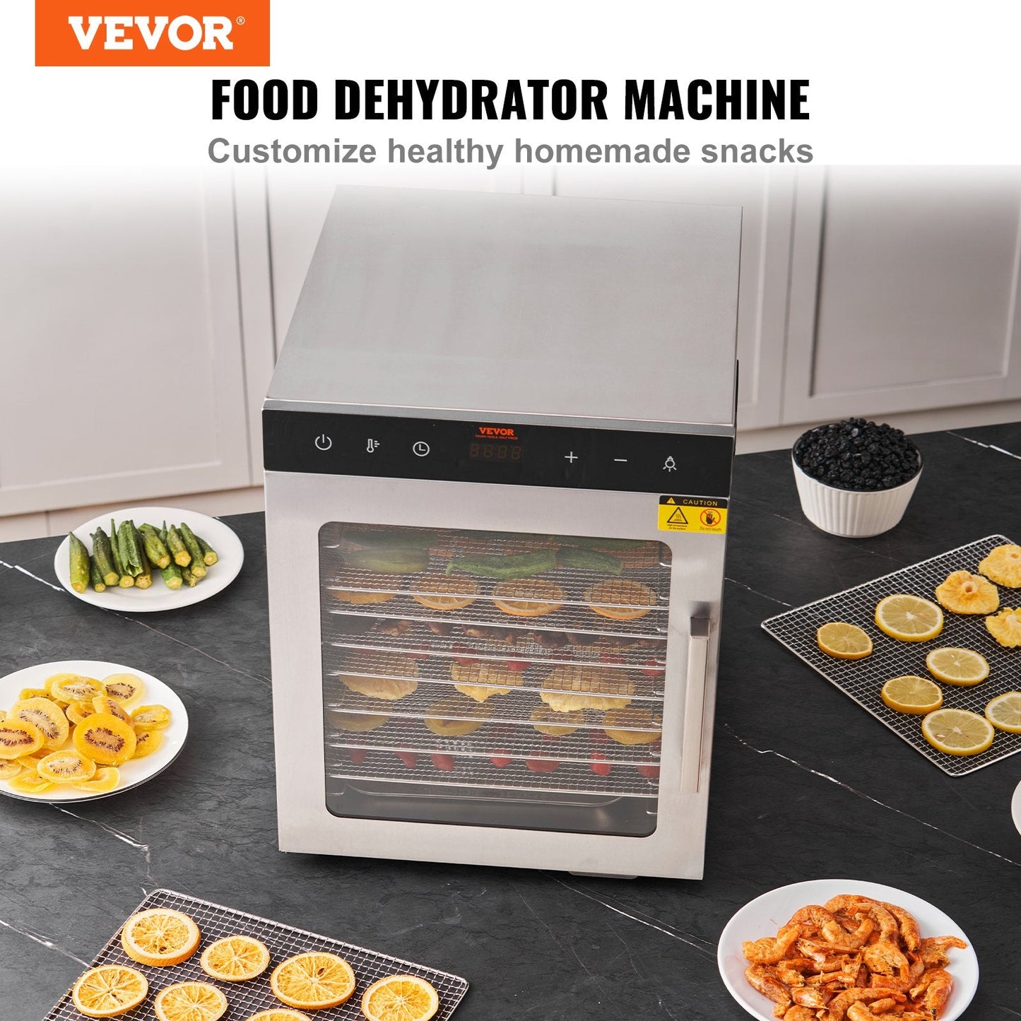 10-Tray Stainless Steel Food Dehydrator, 800W, with Adjustable Temp & Timer