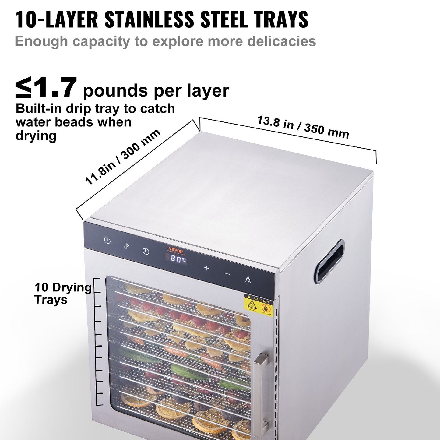 10-Tray Stainless Steel Food Dehydrator, 800W, with Adjustable Temp & Timer