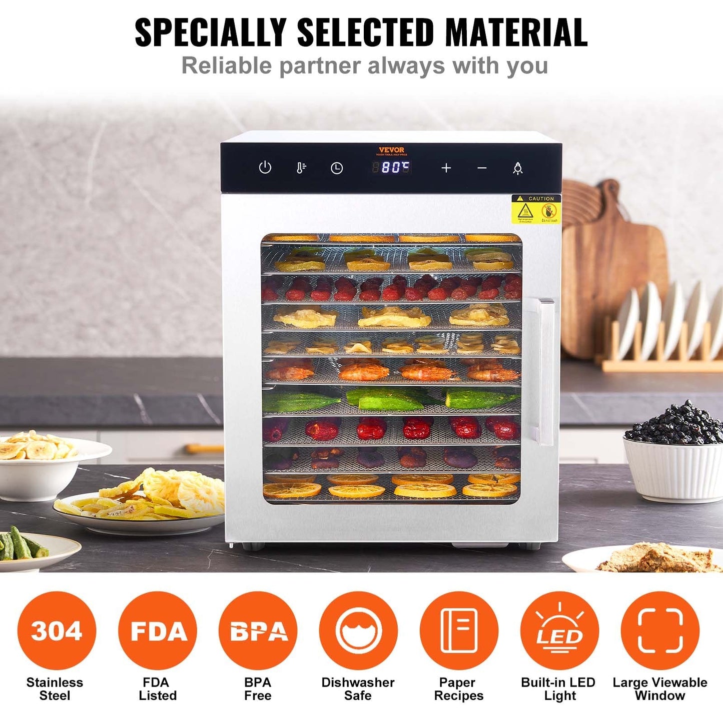 10-Tray Stainless Steel Food Dehydrator, 800W, with Adjustable Temp & Timer