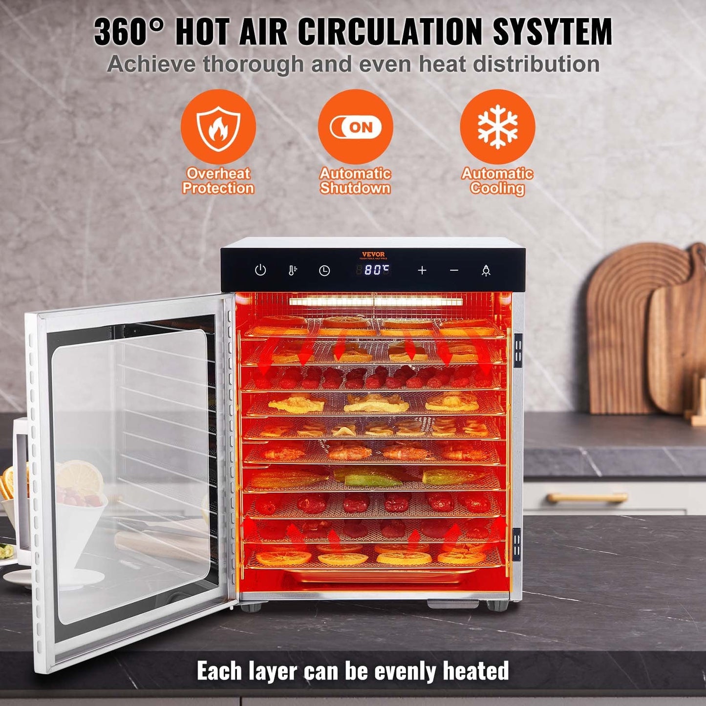 10-Tray Stainless Steel Food Dehydrator, 800W, with Adjustable Temp & Timer