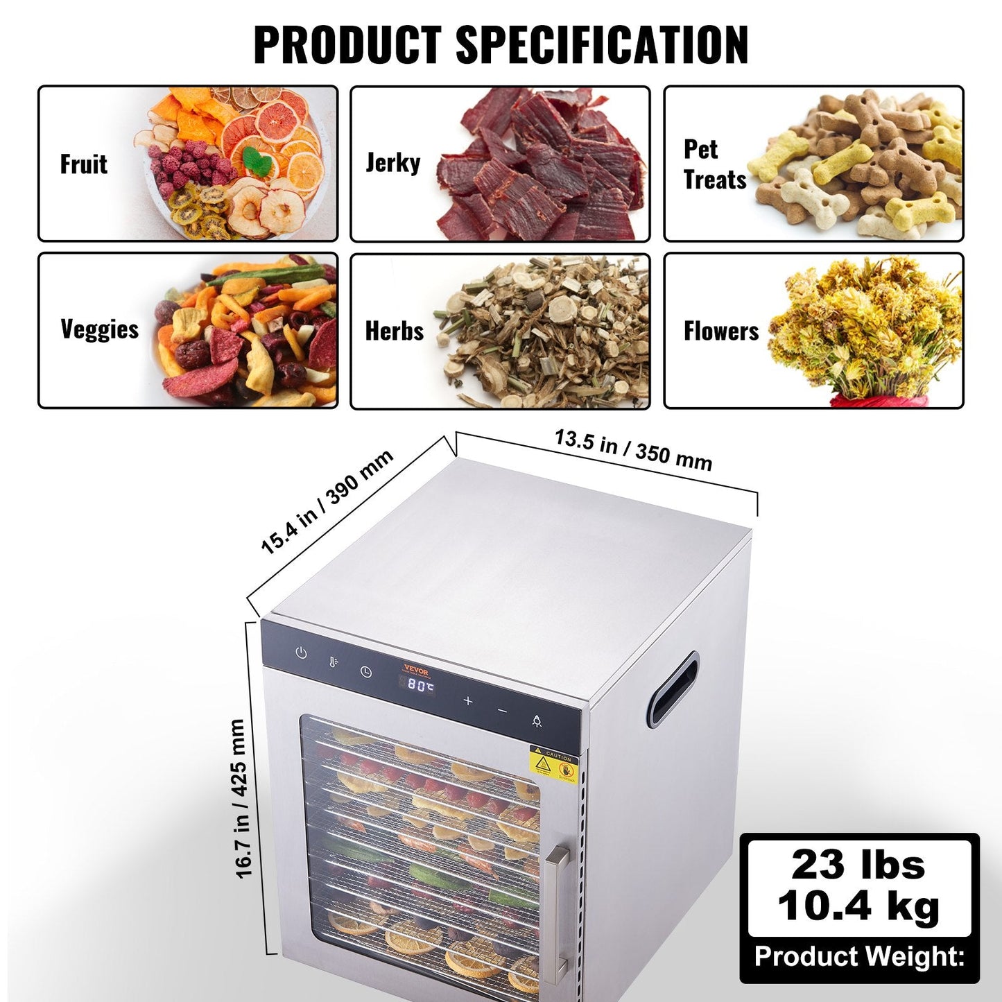 10-Tray Stainless Steel Food Dehydrator, 800W, with Adjustable Temp & Timer