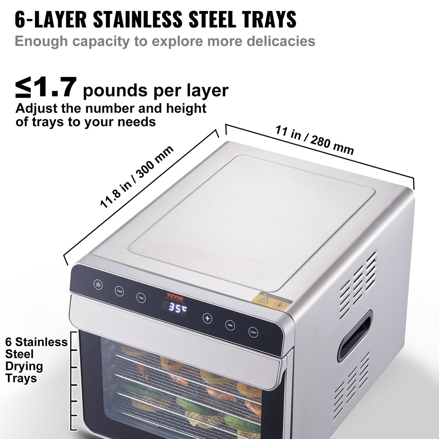 Stainless Steel Food Dehydrator, 6 Trays, 700W, for Jerky & Fruit Drying