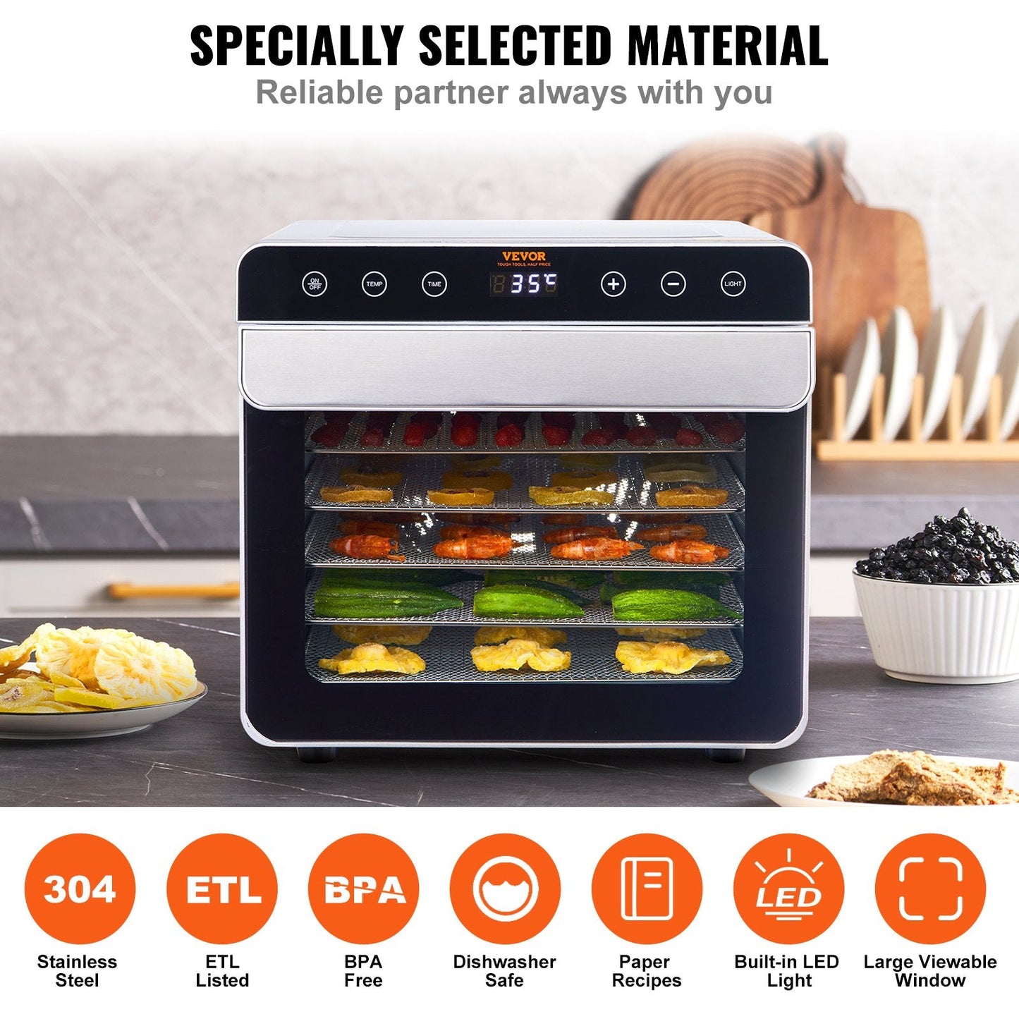 Stainless Steel Food Dehydrator, 6 Trays, 700W, for Jerky & Fruit Drying