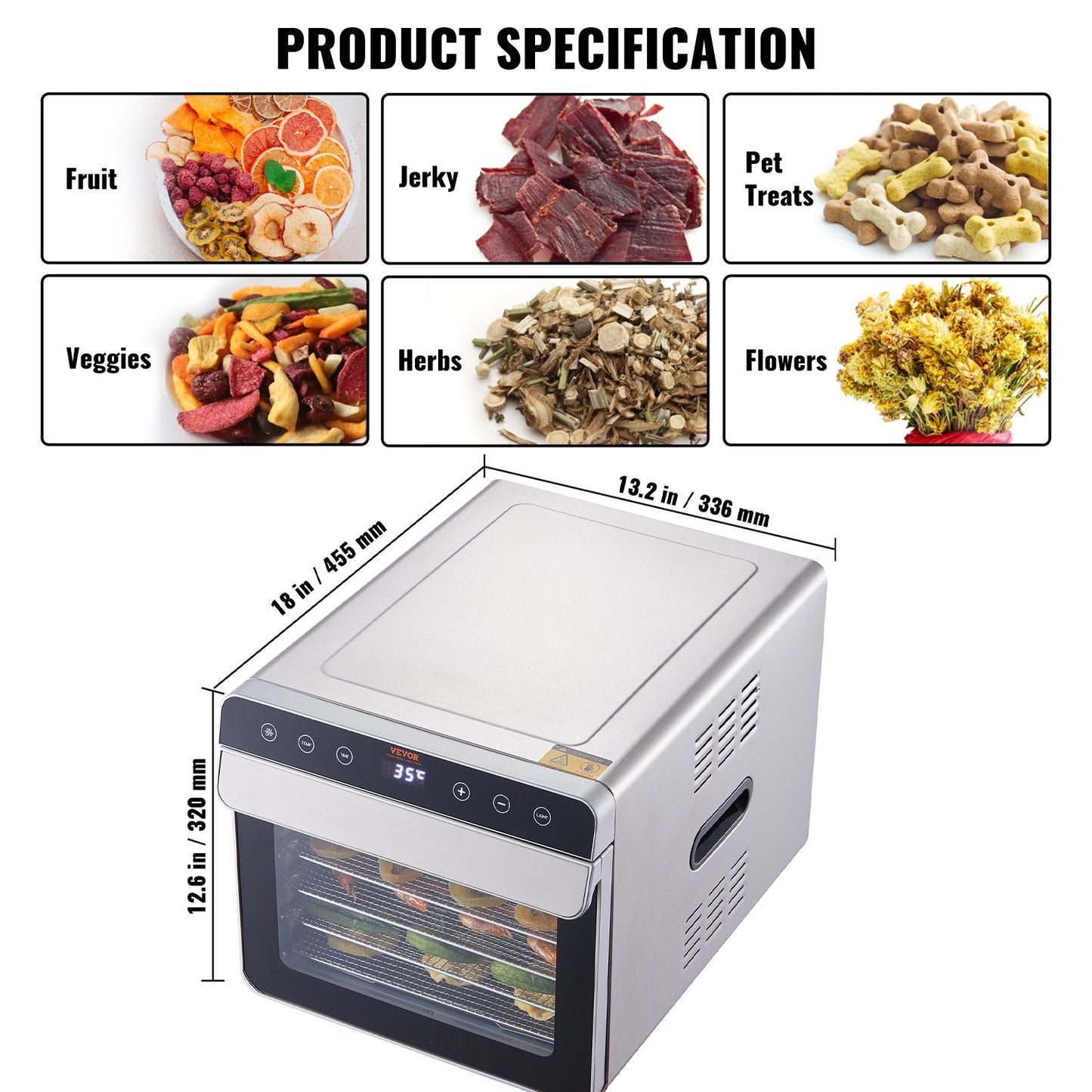 Stainless Steel Food Dehydrator, 6 Trays, 700W, for Jerky & Fruit Drying