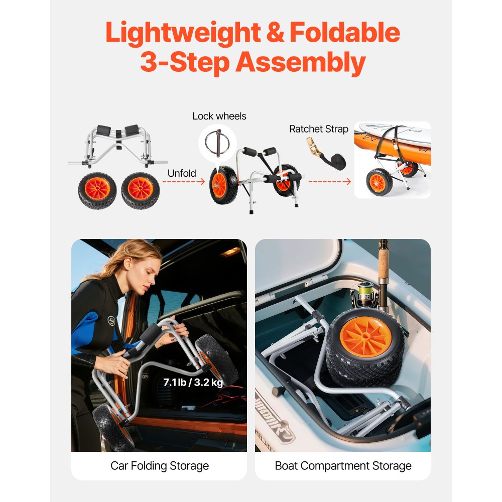 Kayak Cart 113.4 kg Foldable Canoe Carrier with 25.4 cm Solid Rubber Tires