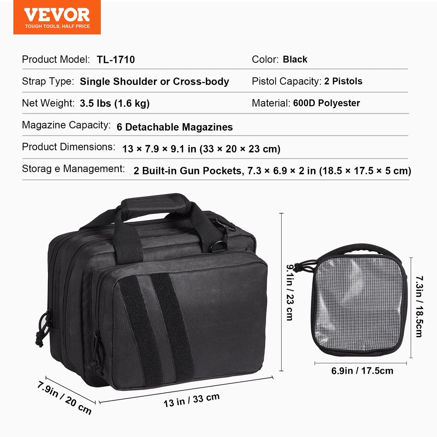 Tactical Range Bag for 2 Pistols with Built-in Gun Pockets, Black, 600D Polyester