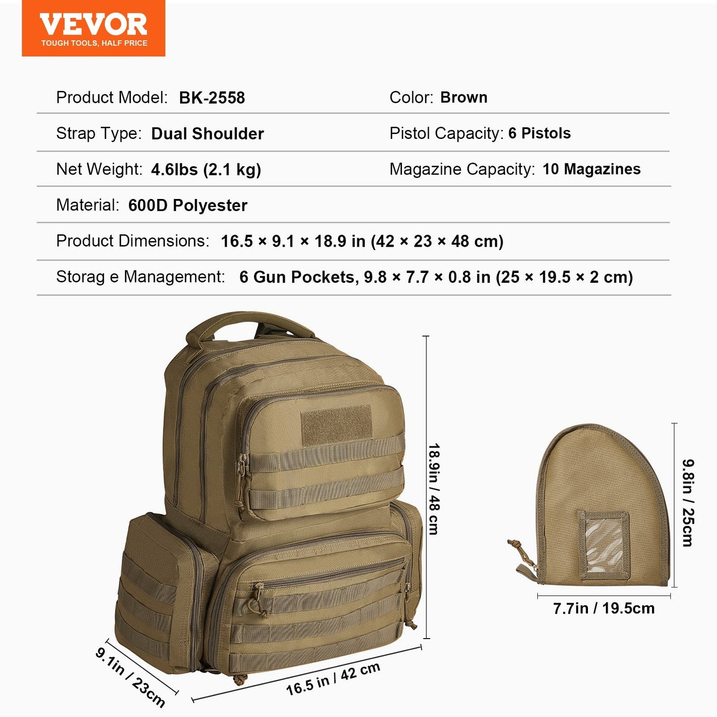Tactical Brown Backpack for 6 Pistols with Ample Storage and Dual Shoulder Straps